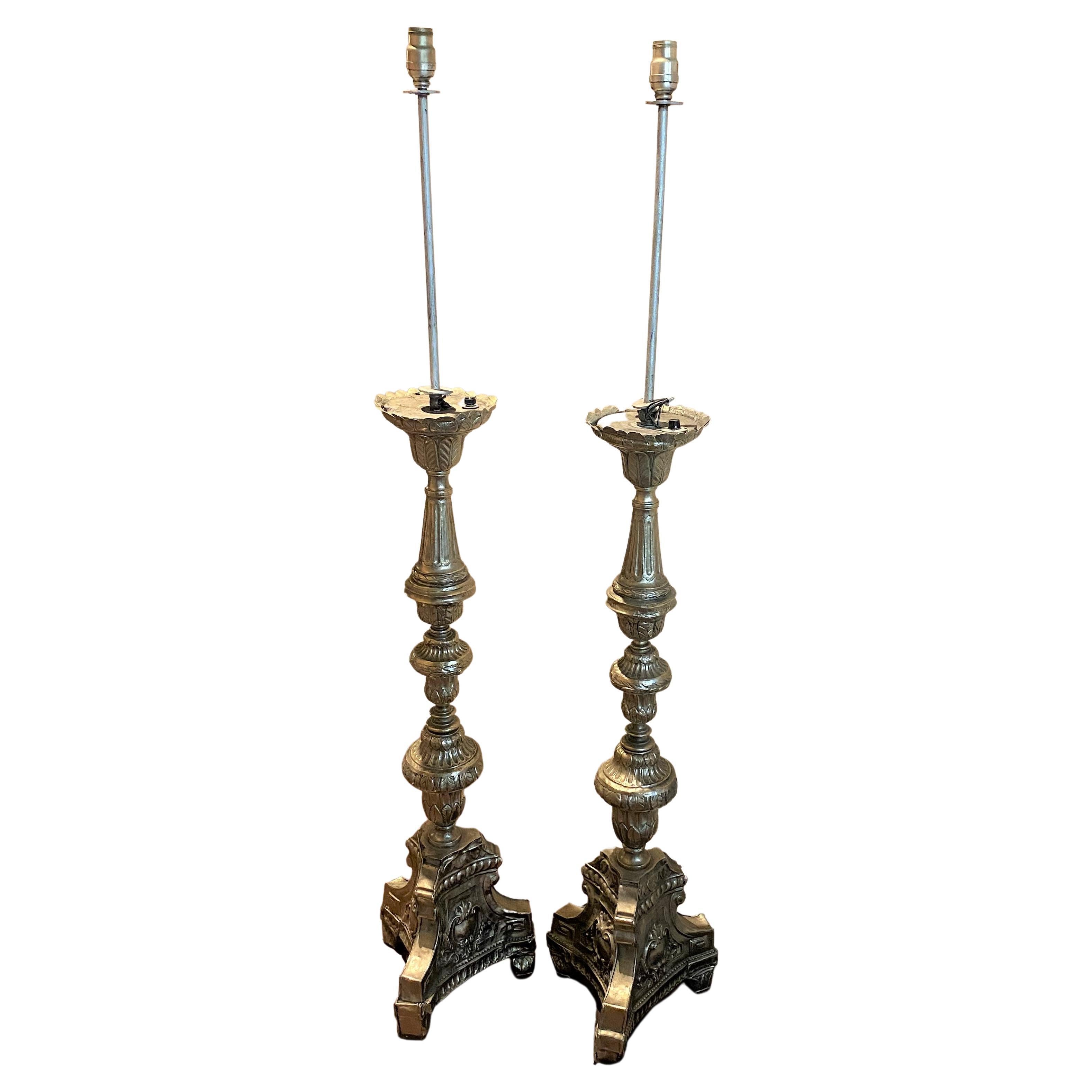 Pair of 18th/19th Century Italian Silvered Metal Altar Sticks For Sale