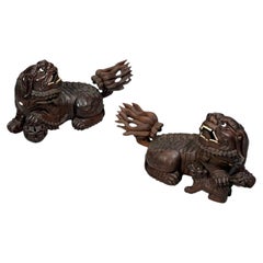 Chinese Export, Opposing Foo Dogs, Solid Teakwood, Glass, China, 19th c.