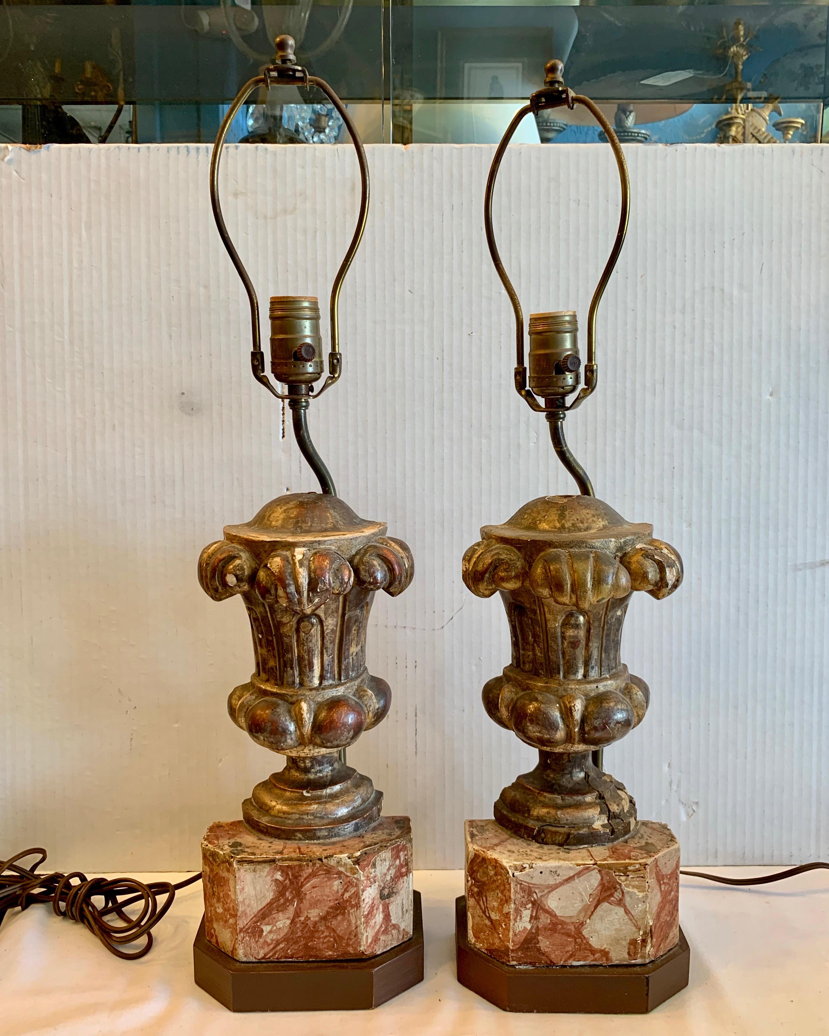 Pair of 18TH / 19TH Century Wood Urns Mounted As A Lamps 5