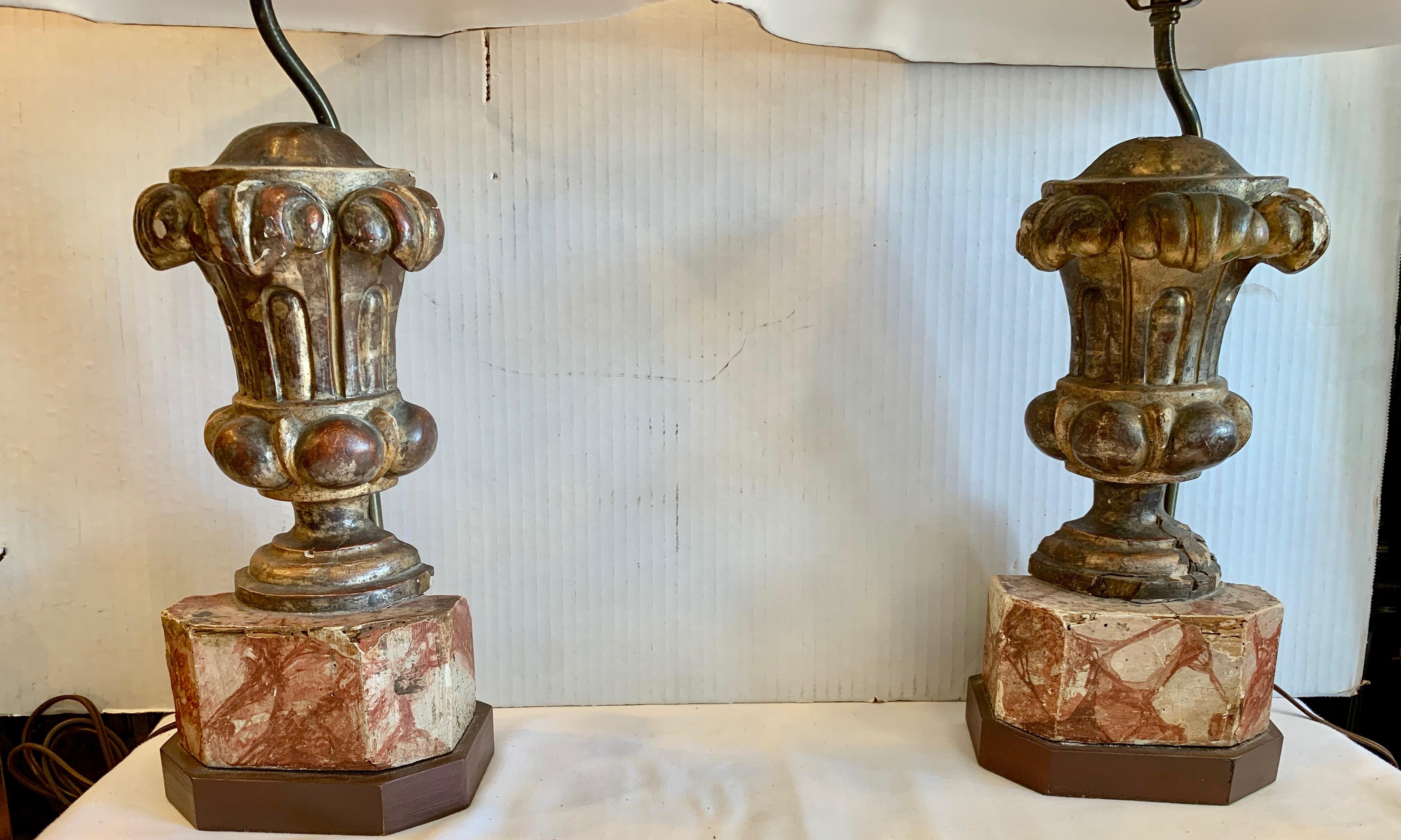 Italian Pair of 18TH / 19TH Century Wood Urns Mounted As A Lamps