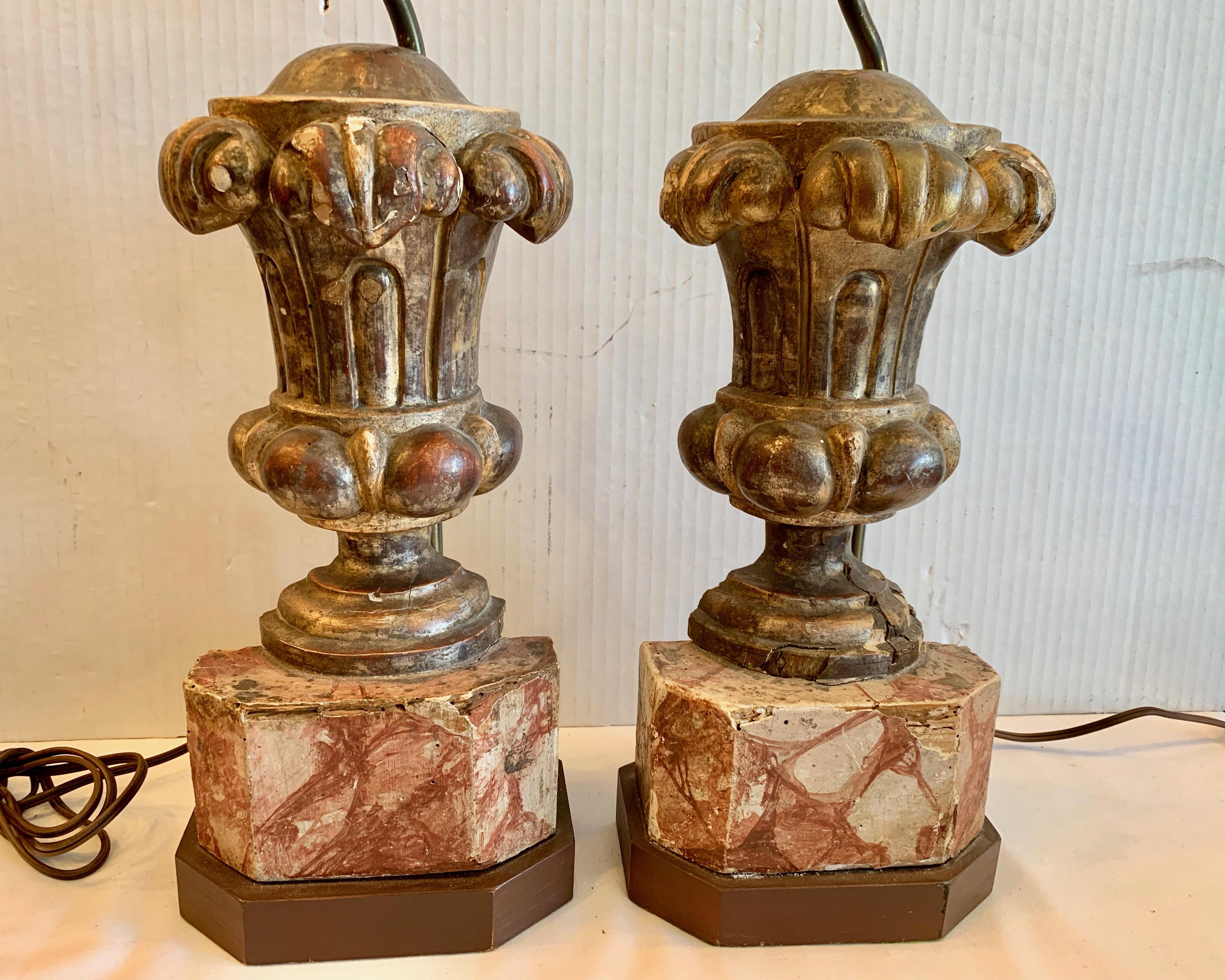 Pair of 18TH / 19TH Century Wood Urns Mounted As A Lamps 1