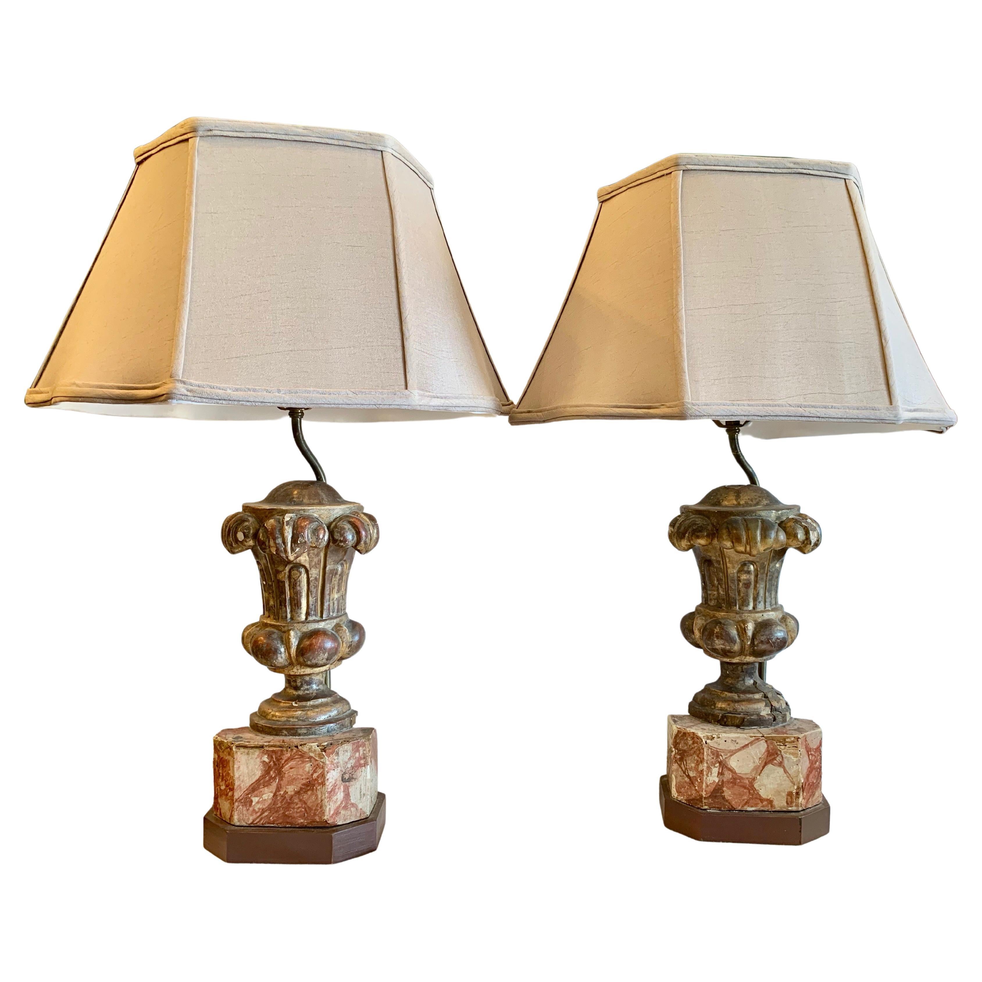 Pair of 18TH / 19TH Century Wood Urns Mounted As A Lamps