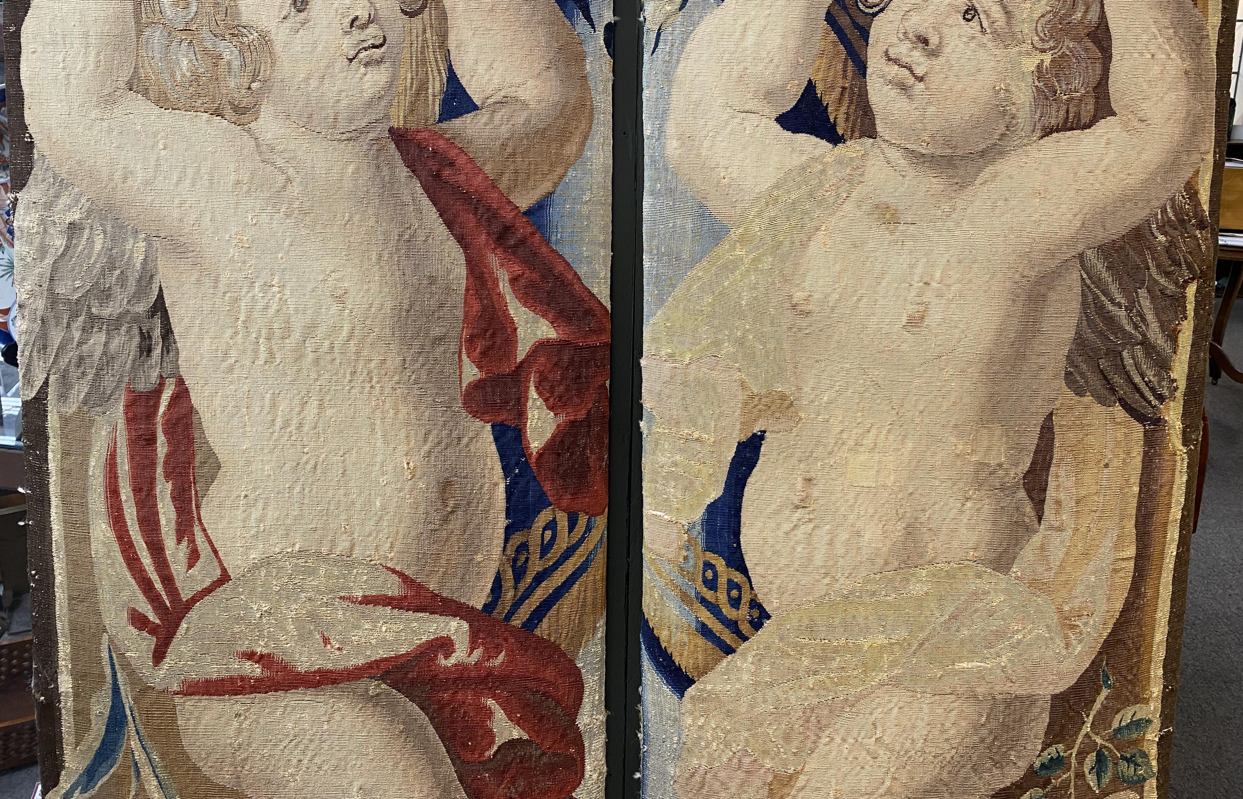 Baroque Pair of 18th c Belgian Mounted Tapestry Fragments with Putti or Angels For Sale