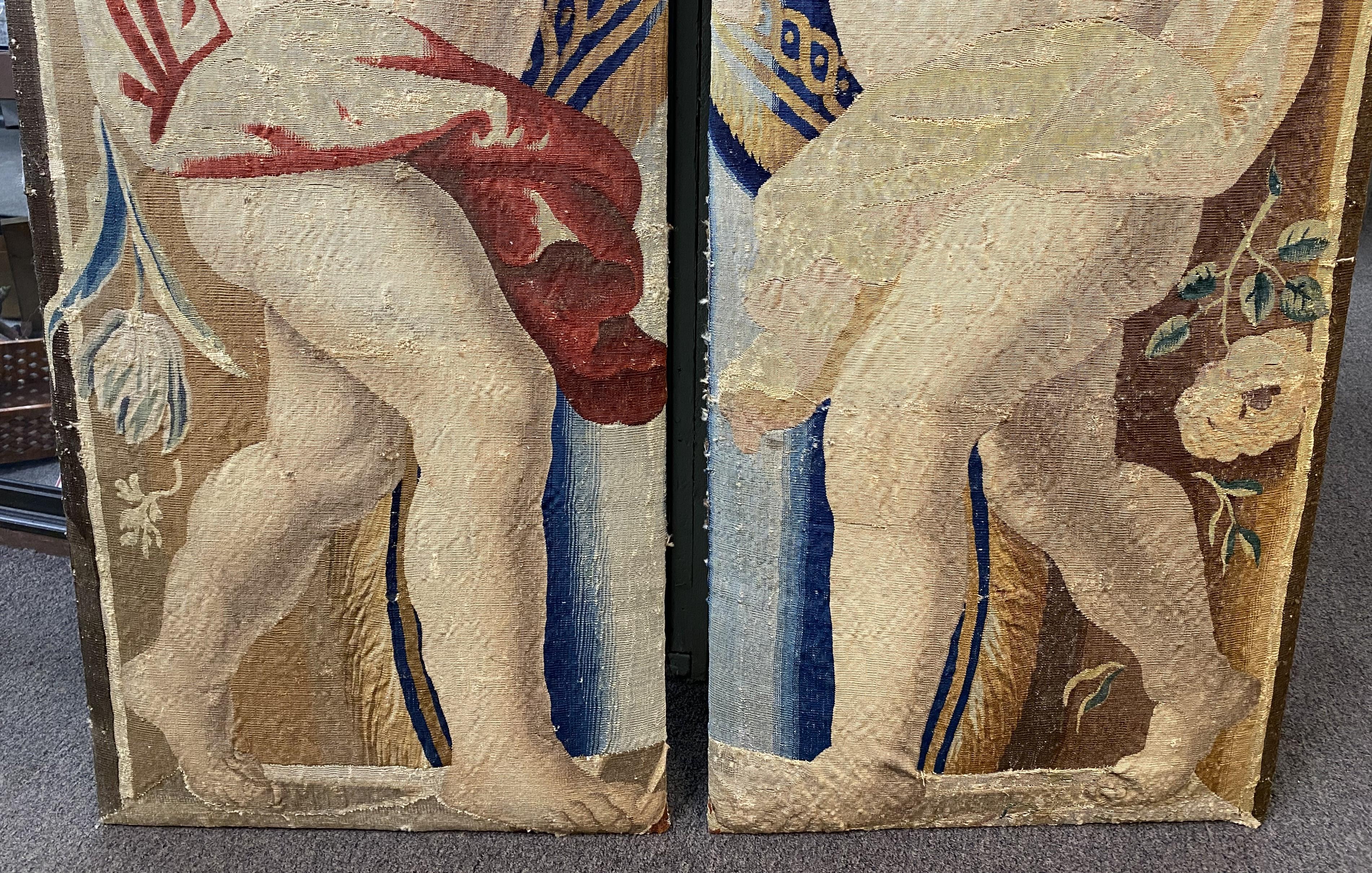 Hand-Woven Pair of 18th c Belgian Mounted Tapestry Fragments with Putti or Angels For Sale