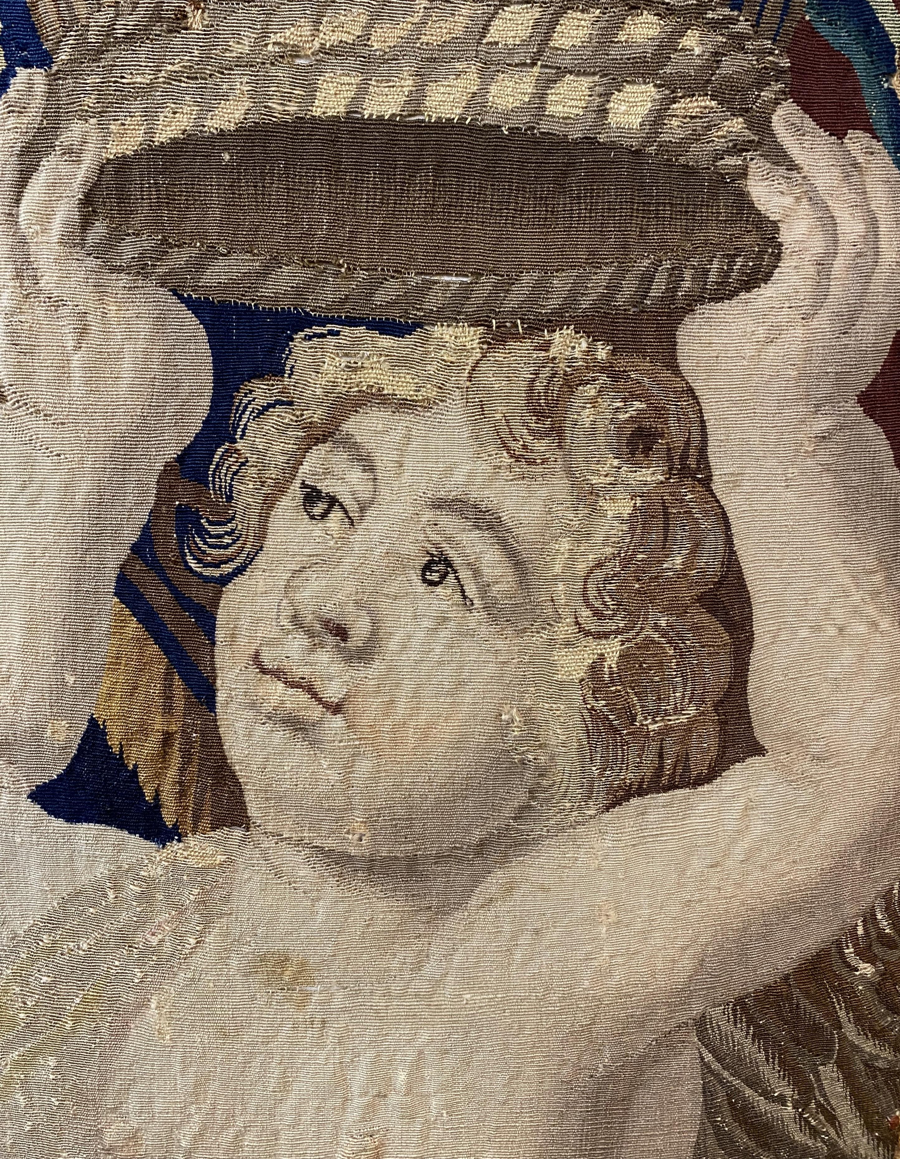 Early 18th Century Pair of 18th c Belgian Mounted Tapestry Fragments with Putti or Angels For Sale