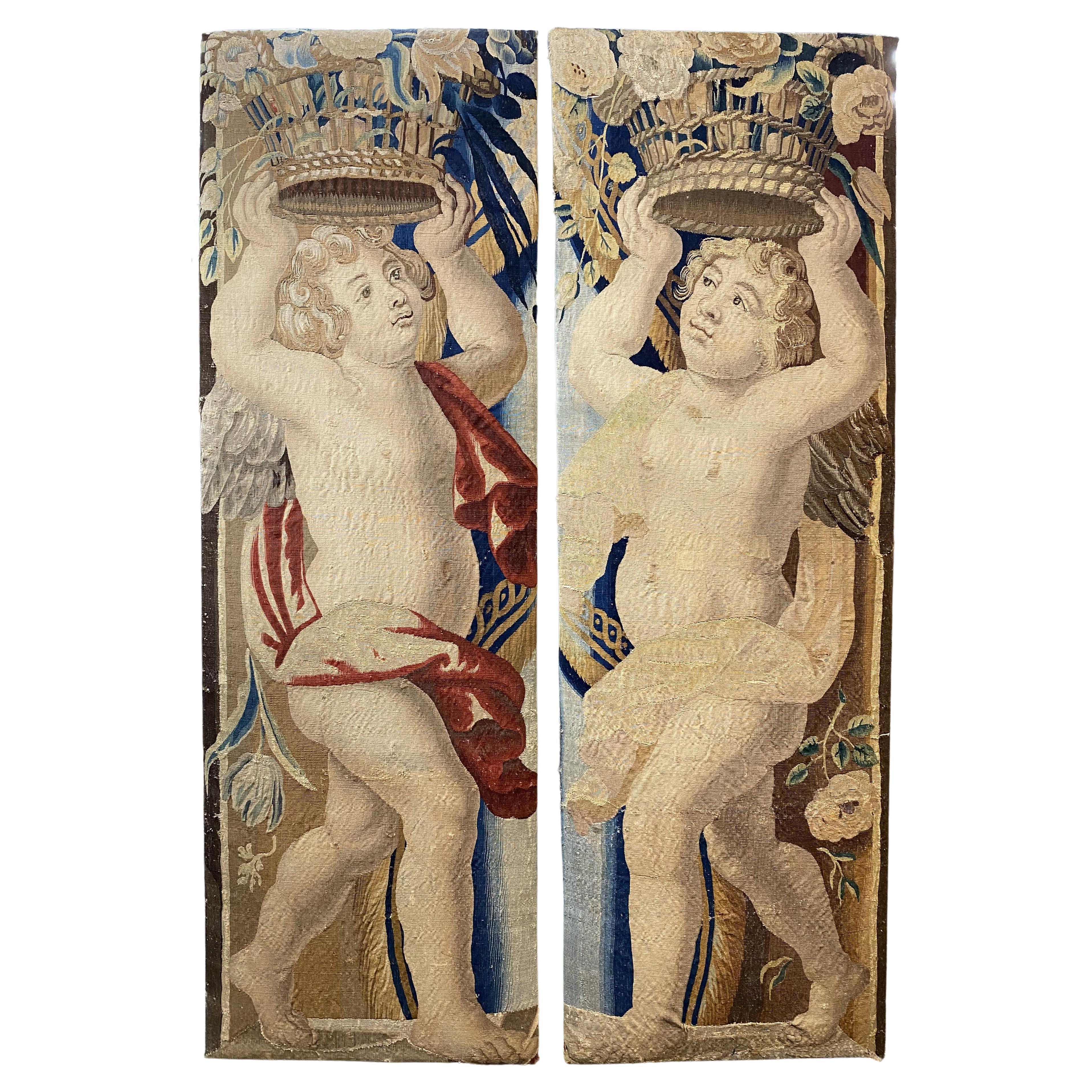Pair of 18th c Belgian Mounted Tapestry Fragments with Putti or Angels For Sale