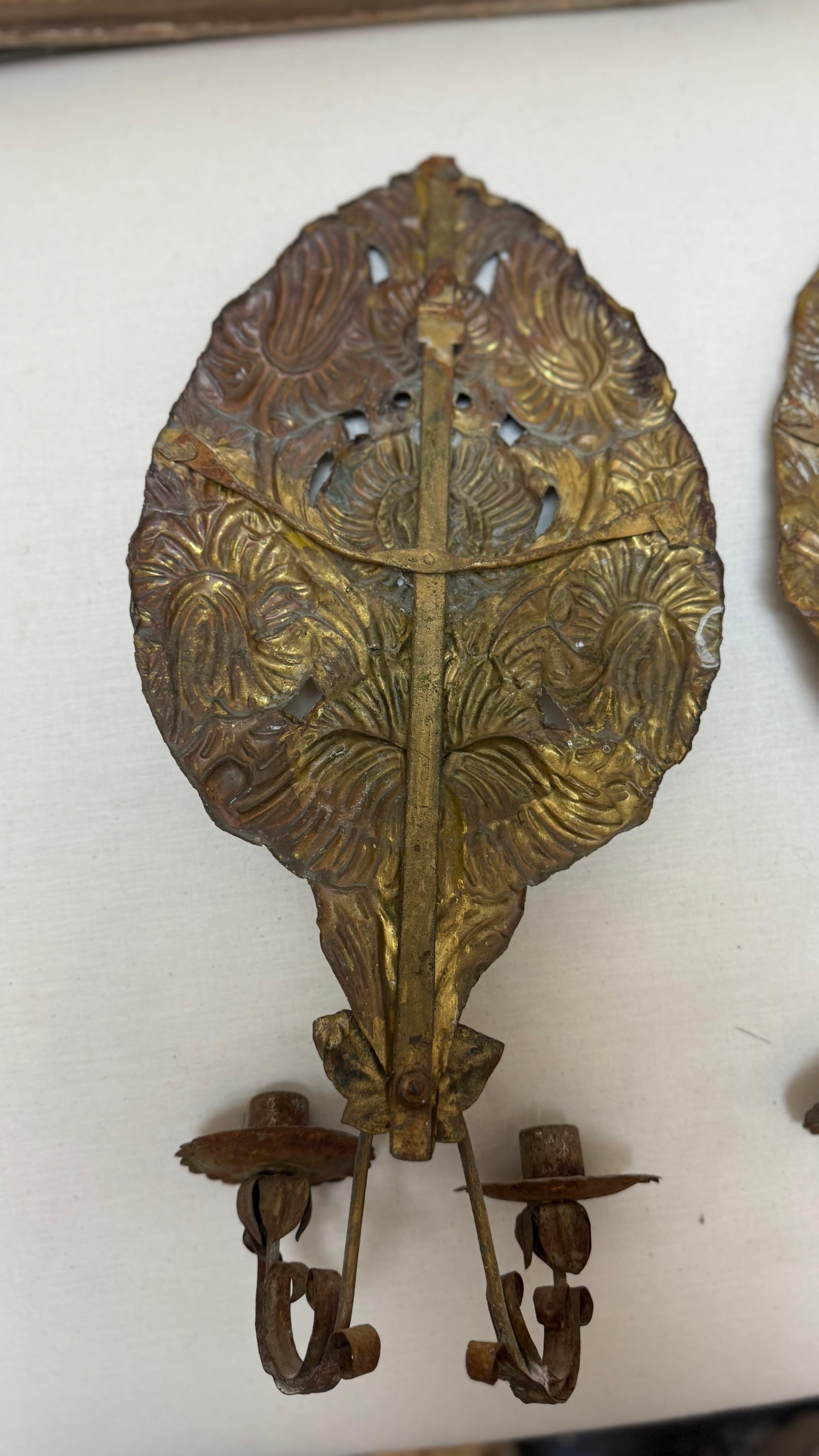 Metal Pair of 18th c. Dutch Sconces Depicting Sunflowers For Sale