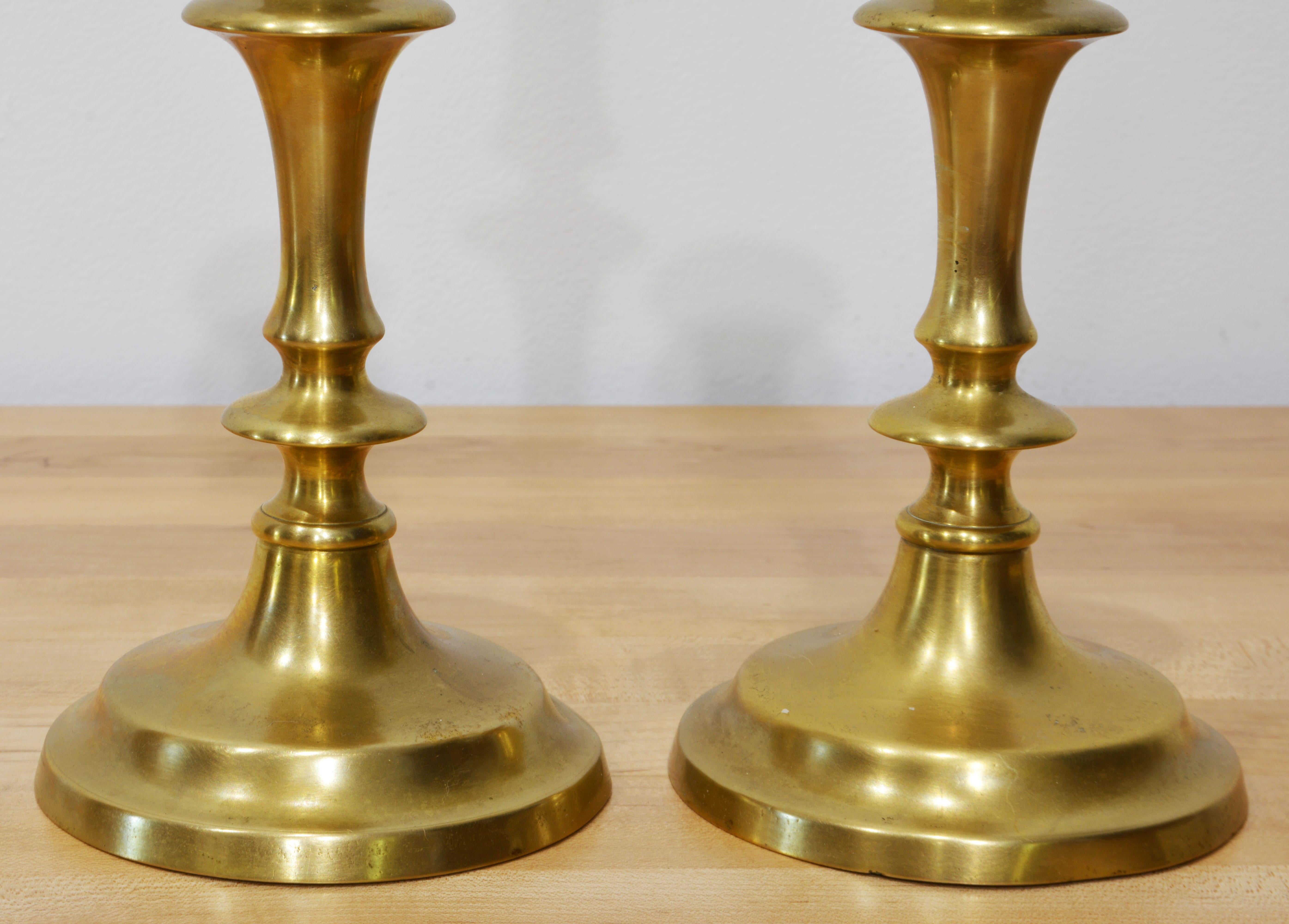 Pair of 18th Century English Queen Anne Brass Candle Sticks with Shaped Stems 1