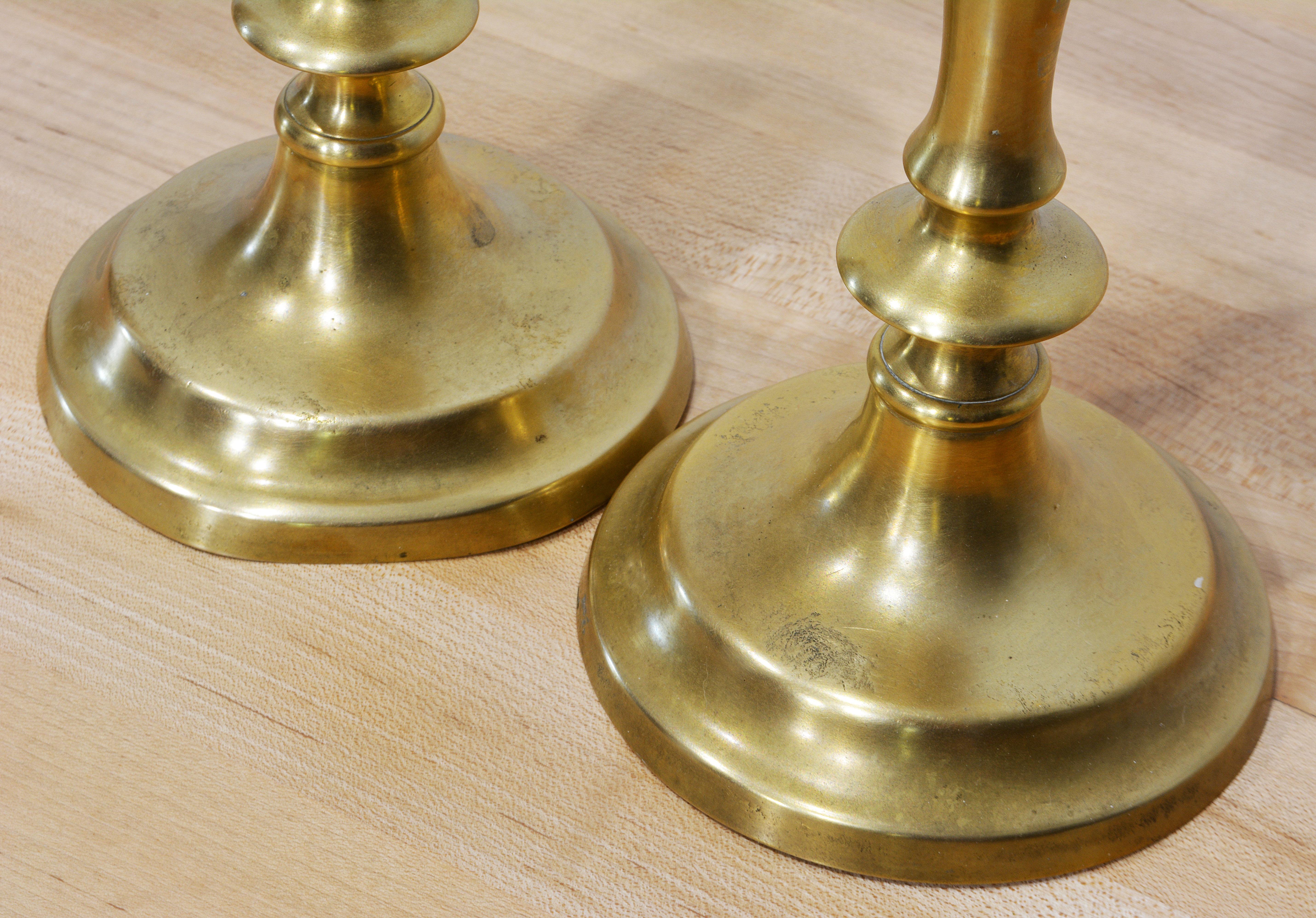 Pair of 18th Century English Queen Anne Brass Candle Sticks with Shaped Stems 3
