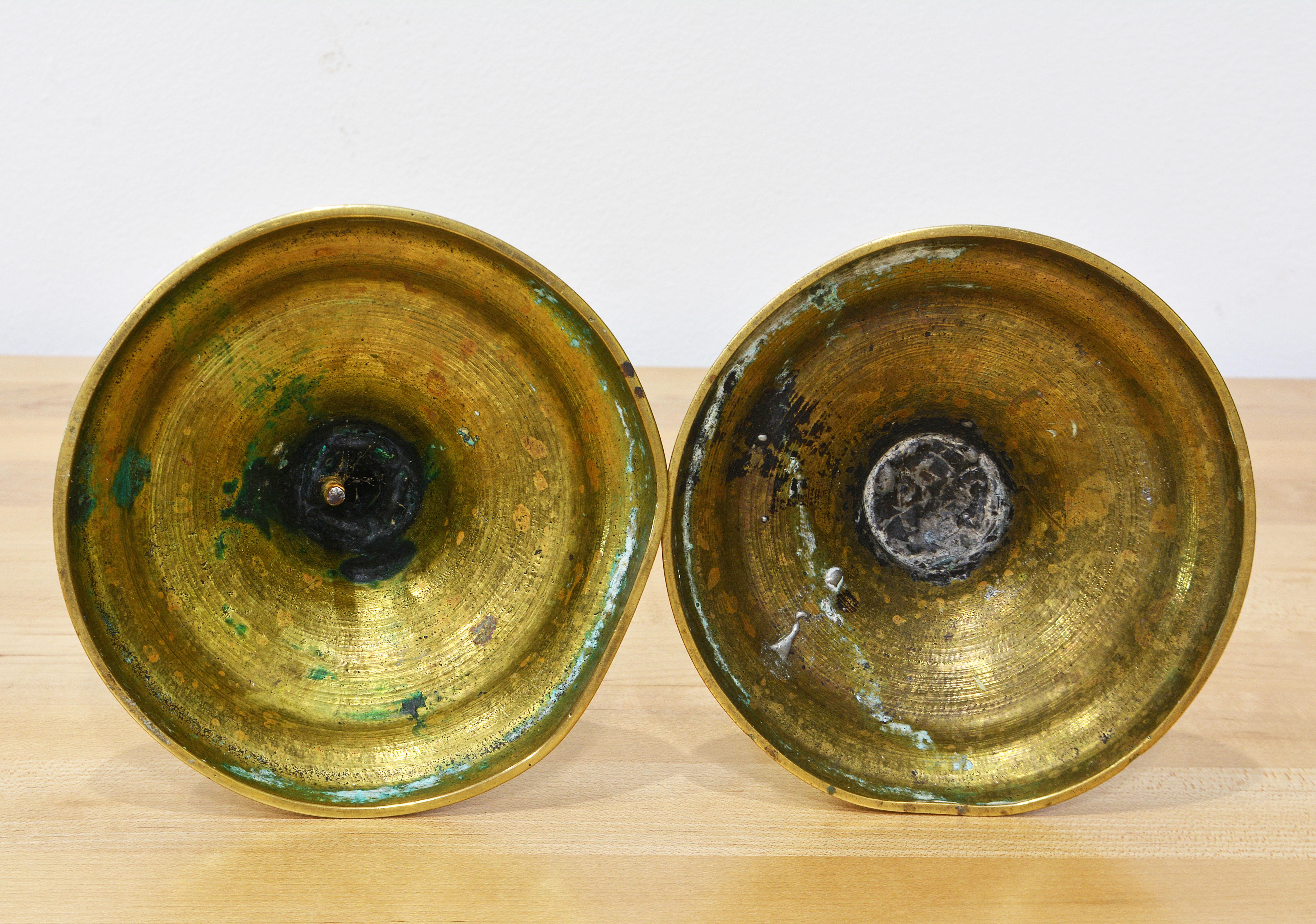 Pair of 18th Century English Queen Anne Brass Candle Sticks with Shaped Stems 5
