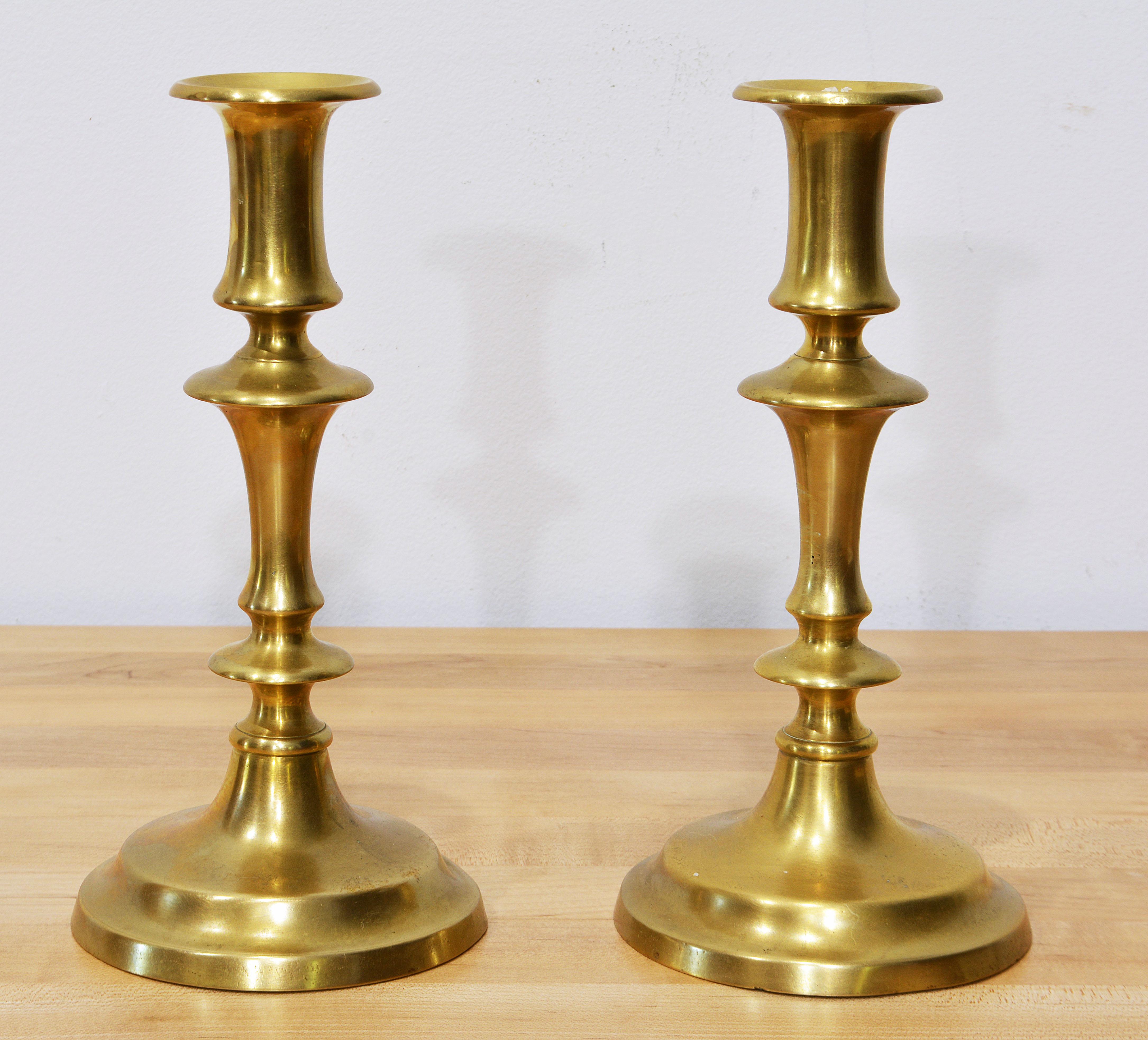 Pair of 18th Century English Queen Anne Brass Candle Sticks with Shaped Stems 6