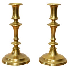 Pair of 18th Century English Queen Anne Brass Candle Sticks with Shaped Stems