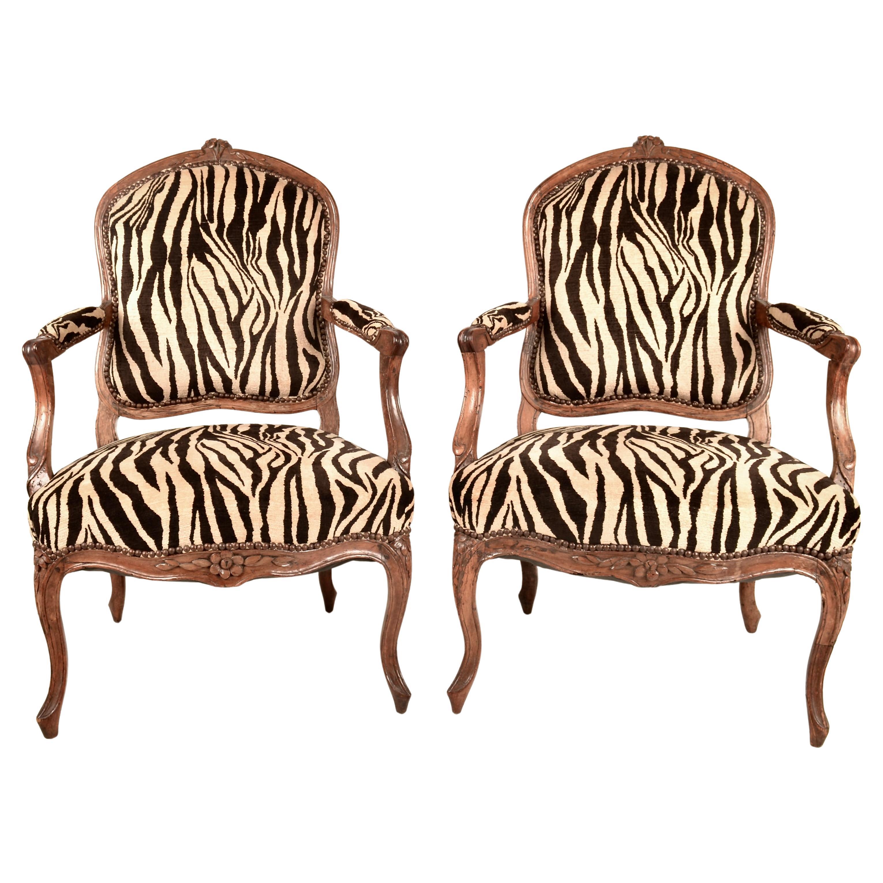 Pair of 18th C French Armchairs in Jacquard  Zebra-print Velvet 