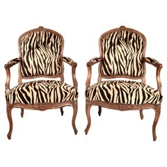 Antique Pair of 18th C French Armchairs in Jacquard  Zebra-print Velvet 