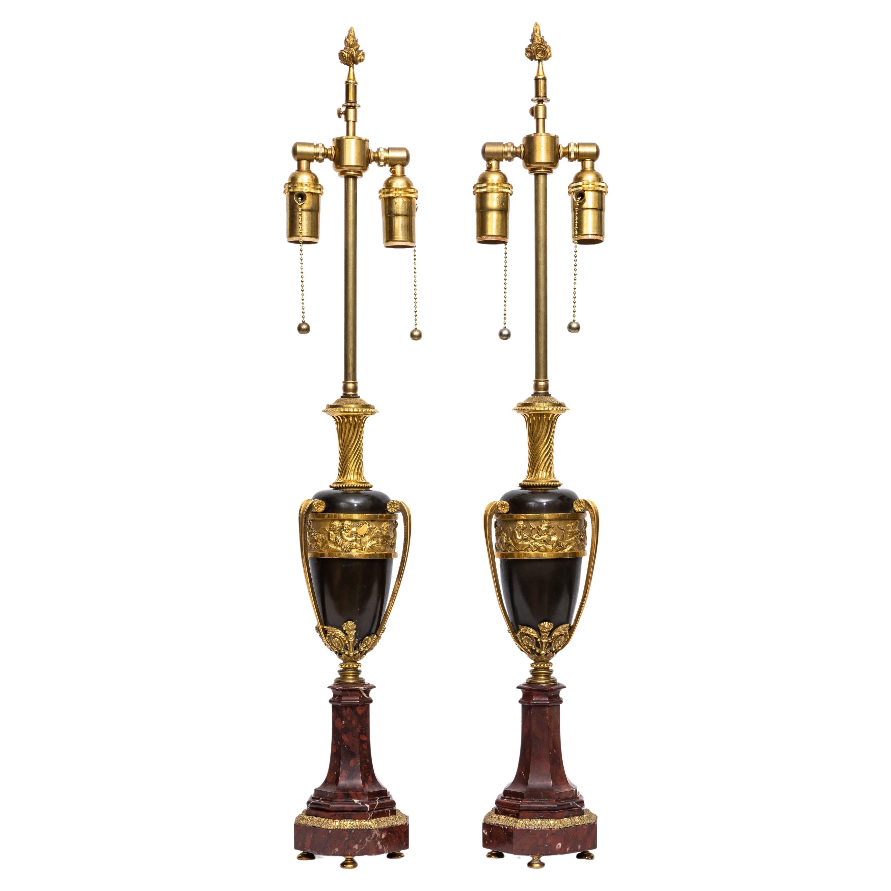 Pair of 18th C. French Louis XVI Period Patinated and Dore Bronze Vases/Lamps