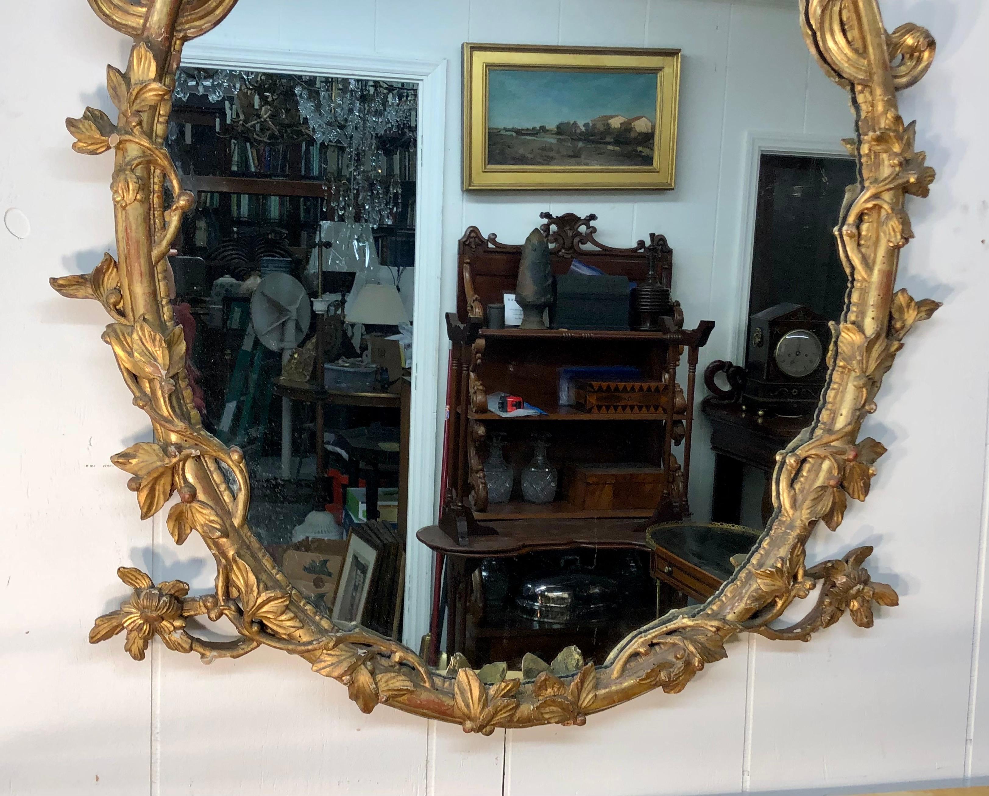 Pair of 18th C. George III Chippendale Oval Carved Giltwood Rococo Mirrors 9