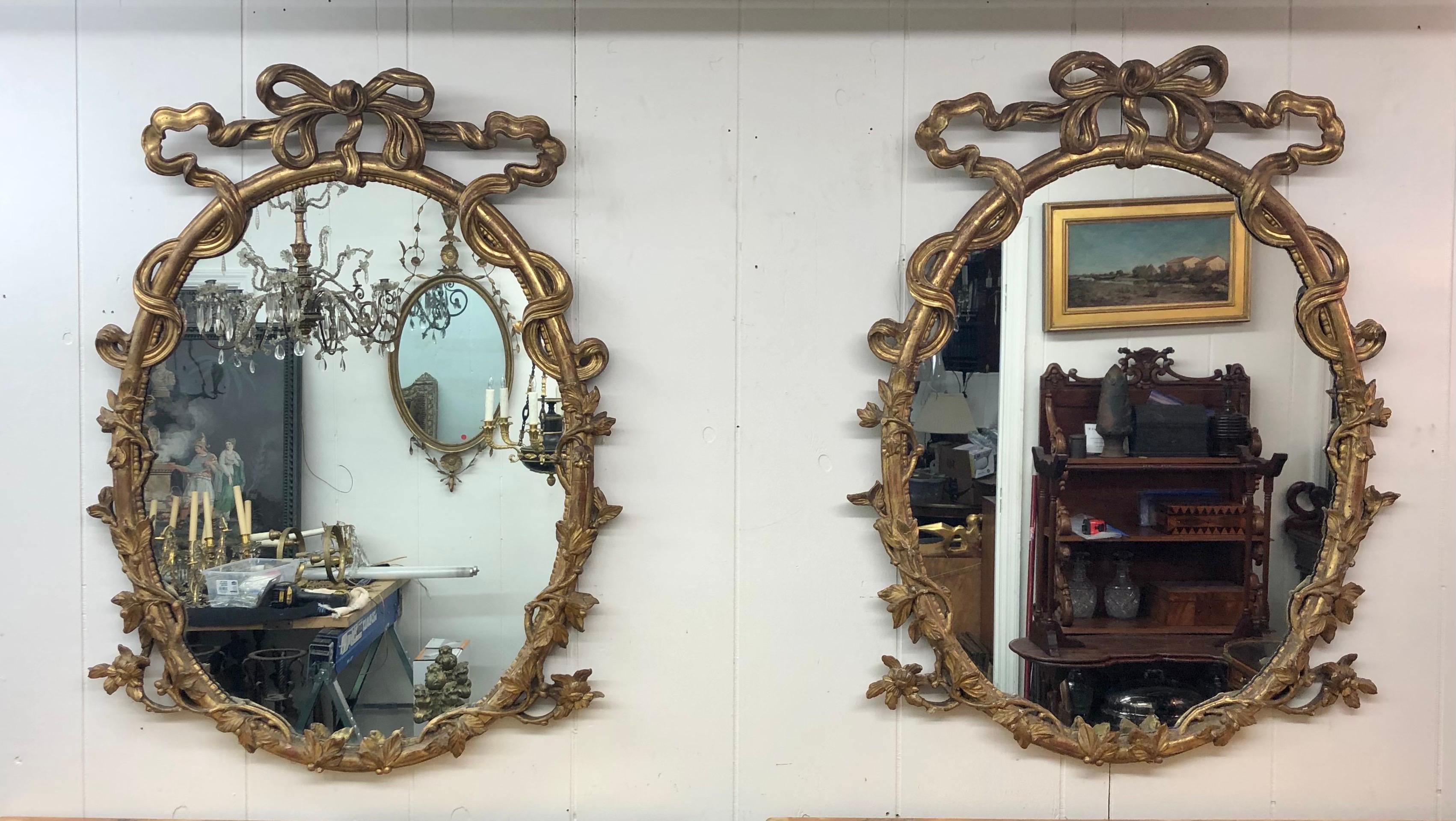 Pair of 18th C. George III Chippendale Oval Carved Giltwood Rococo Mirrors 10
