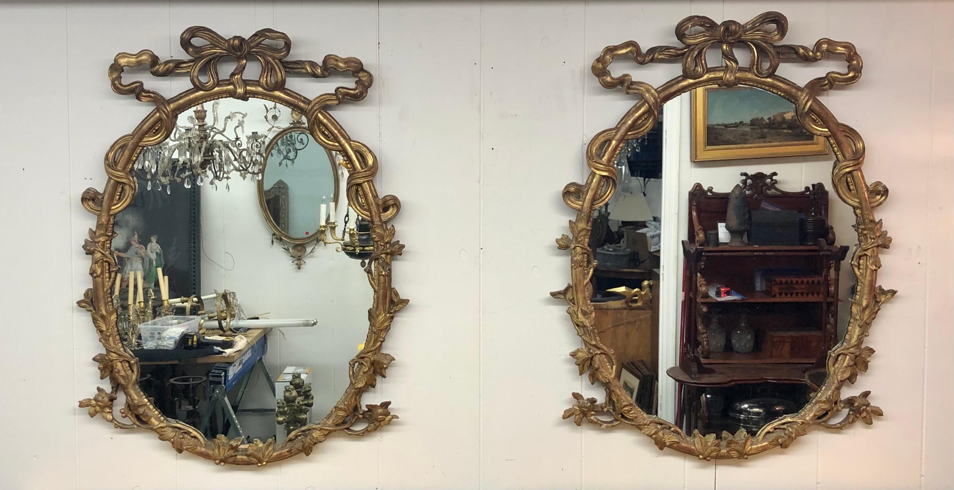 Pair of 18th C. George III Chippendale Oval Carved Giltwood Rococo Mirrors 12