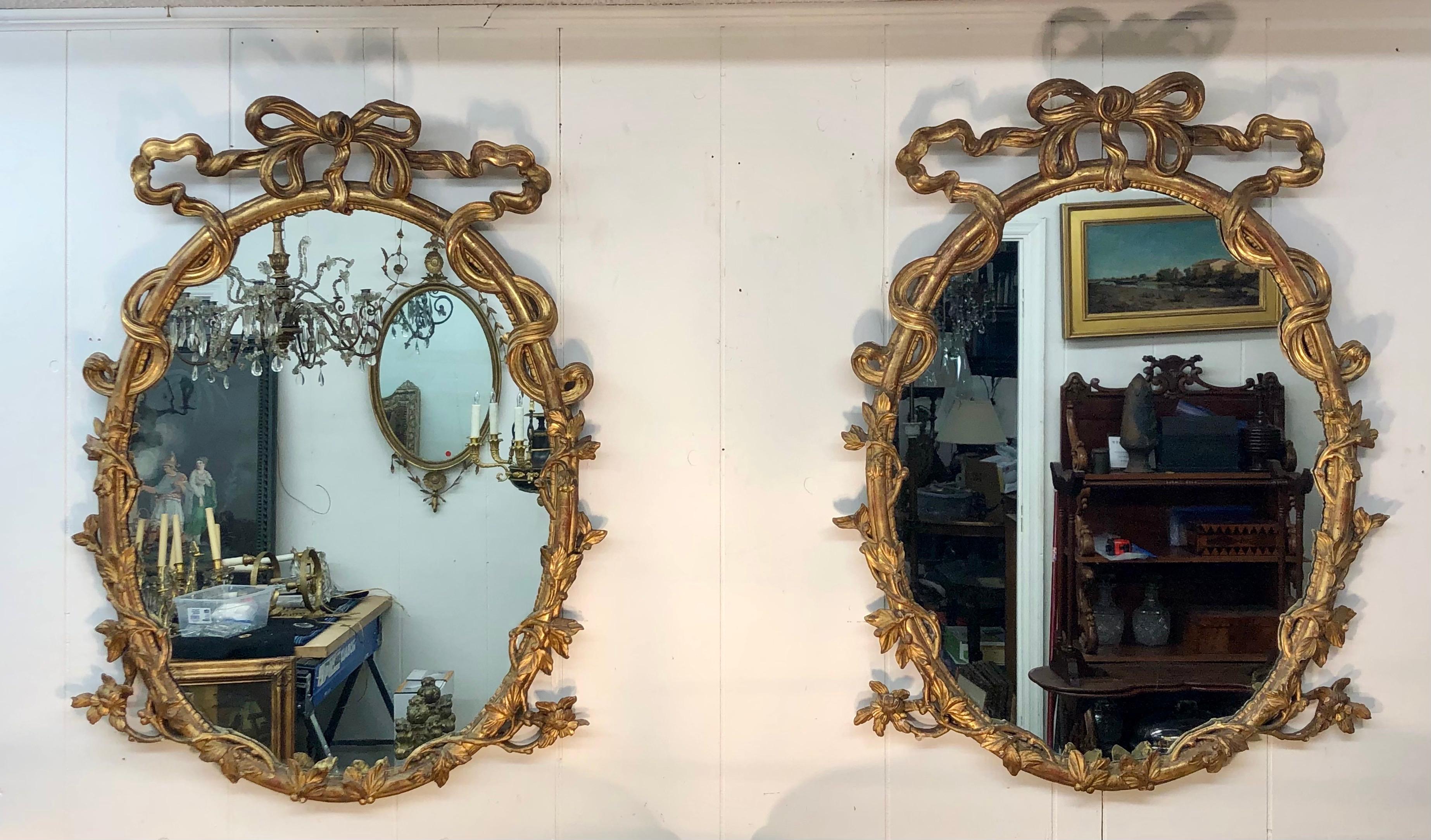 English Pair of 18th C. George III Chippendale Oval Carved Giltwood Rococo Mirrors