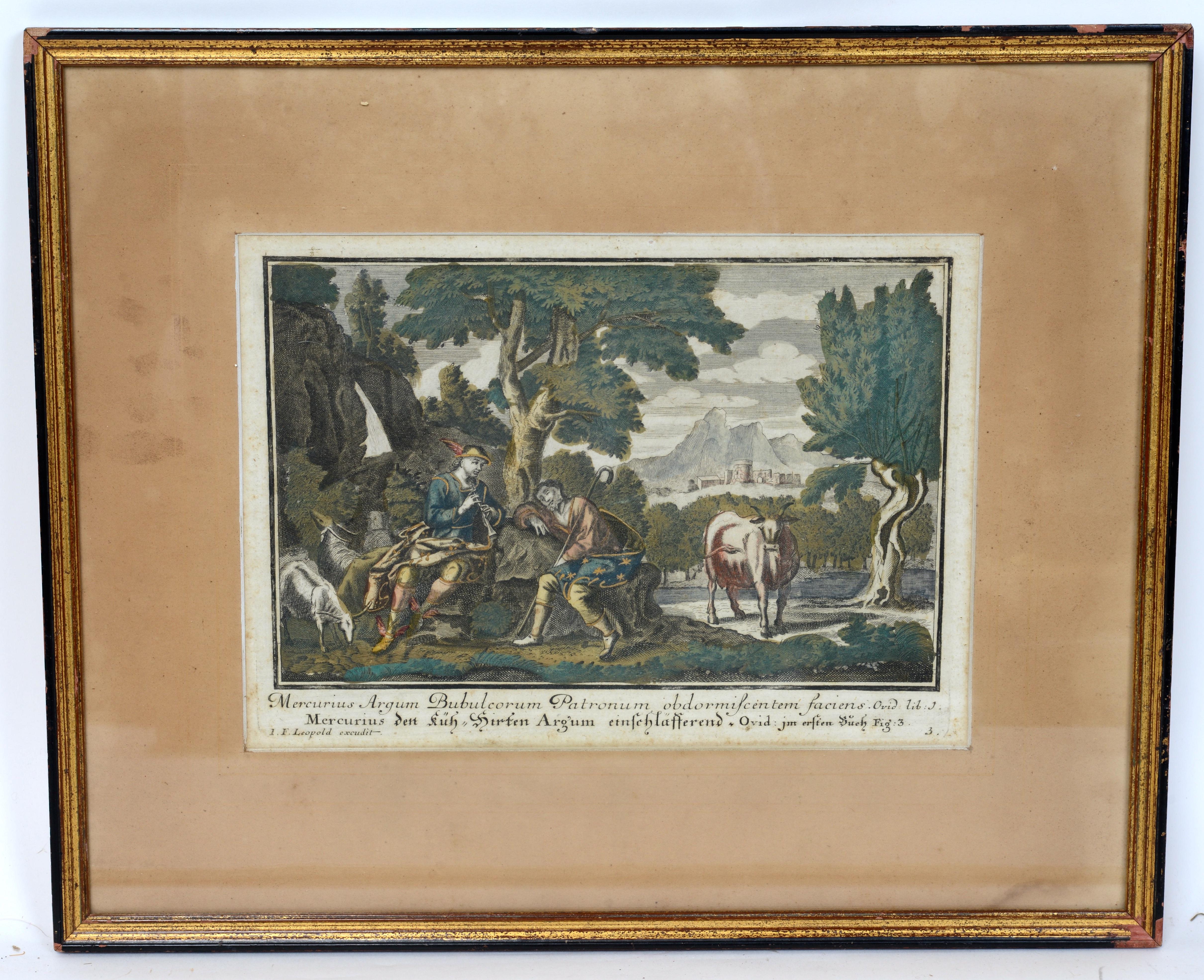 Ein Paar gerahmte handkolorierte Kupferstiche aus dem 18. Jahrhundert von Josef Friedrich Leopold (1668-1726) in Augsburg. Eines mit dem Titel 