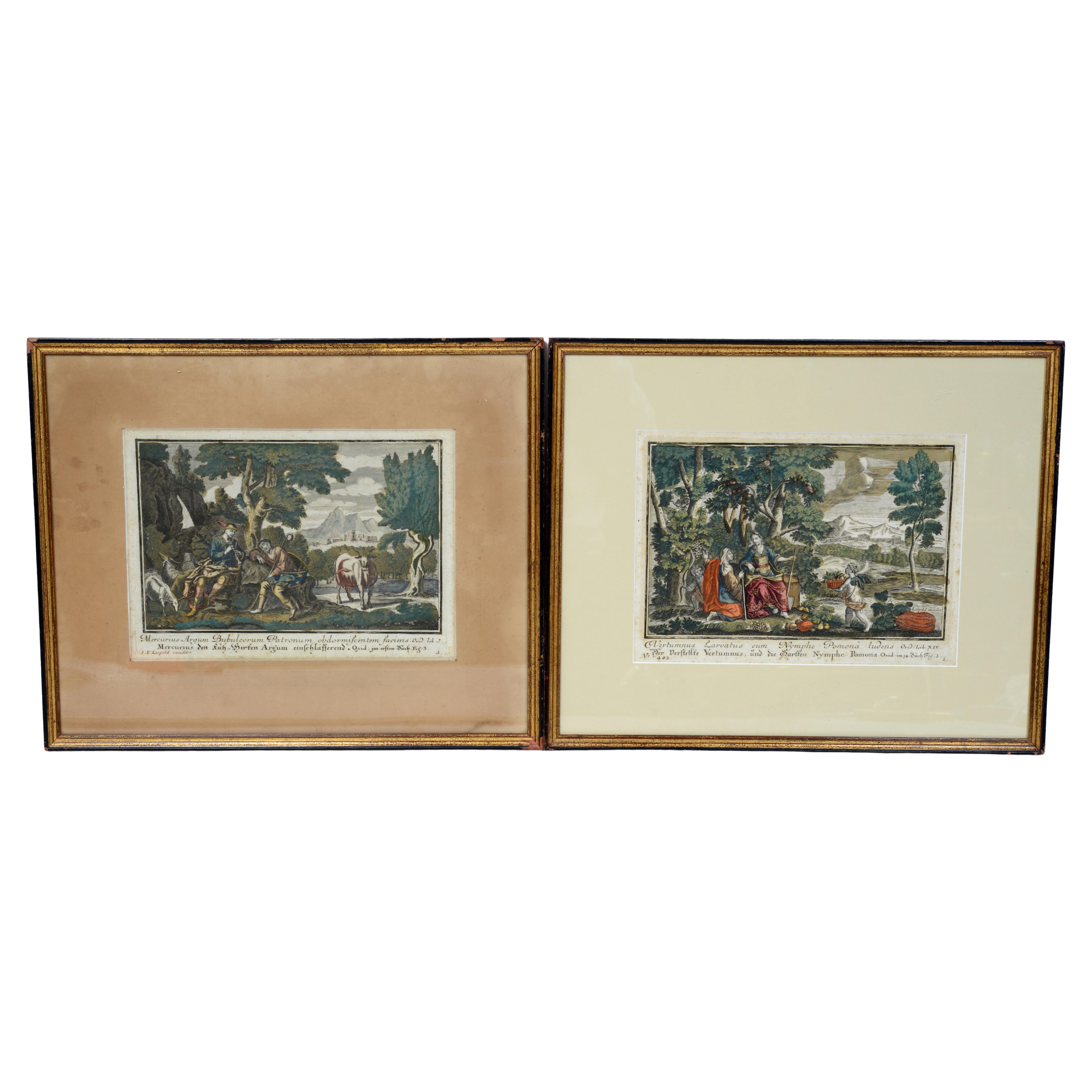 Coppia di incisioni in rame colorate a mano del XVIII secolo di Josef Friedrich (1668-1726)