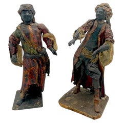 Antique Pair of 18th C. Italian Baroque  Neapolitan Crèche Leather Figures of Merchants