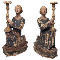 Antique Pair of 18th C Italian Carved Limewood Candlesticks, Modelled as Kneeling Angels