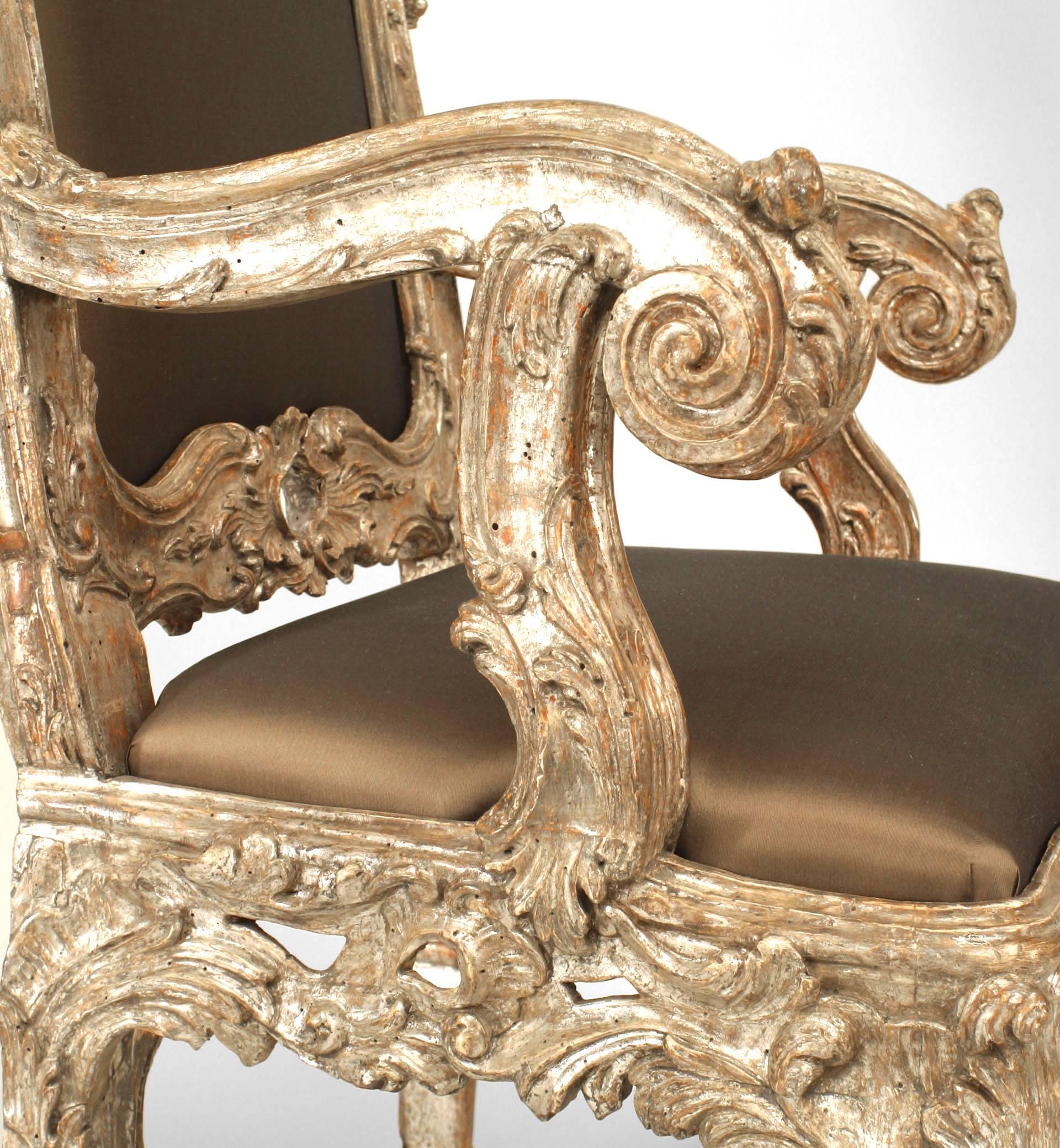 Pair of Italian Rococo Silver Gilt Throne Chairs For Sale 1