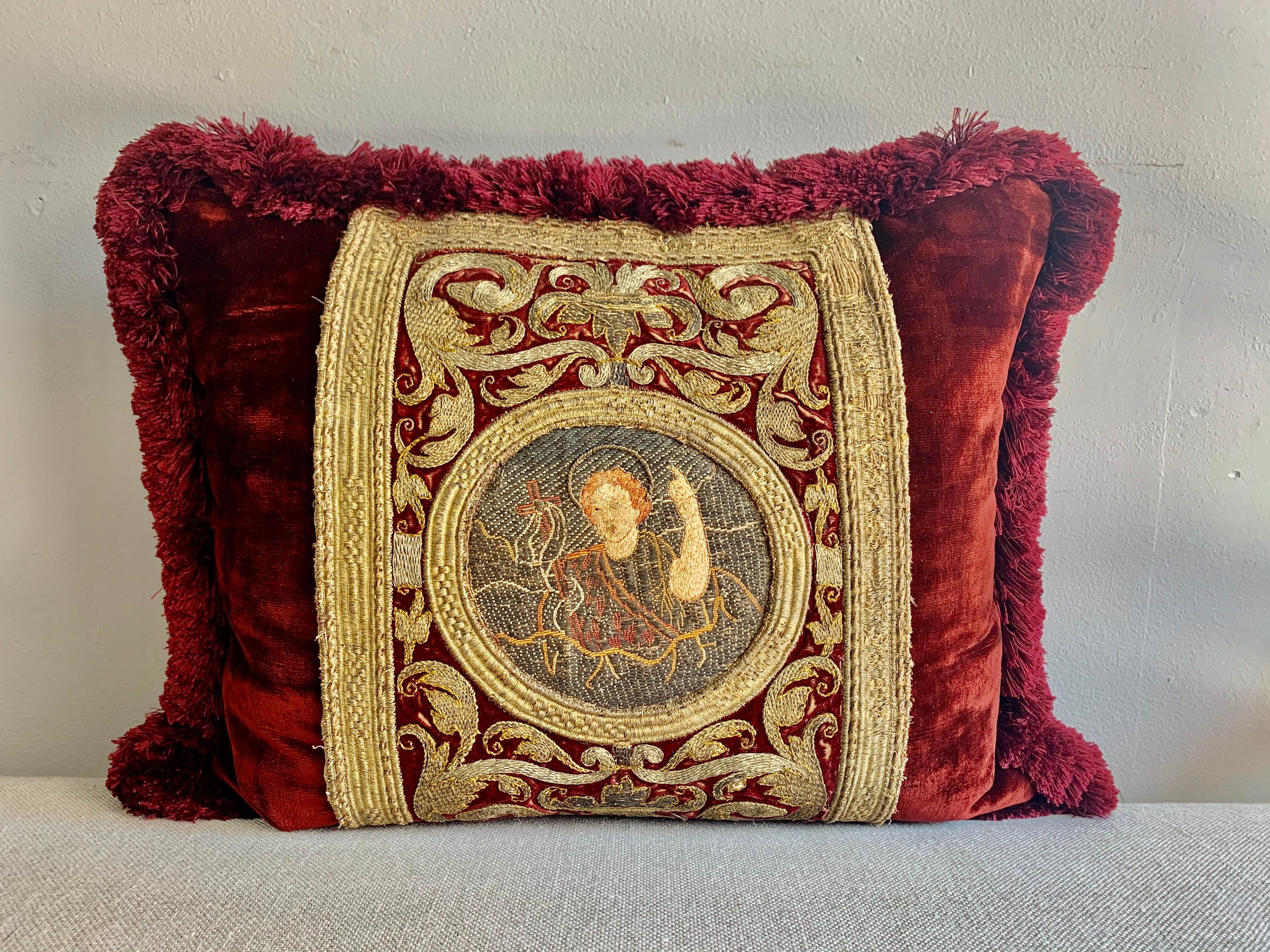 Baroque Pair of 18th Century Metallic Embroidered Red Velvet Pillows