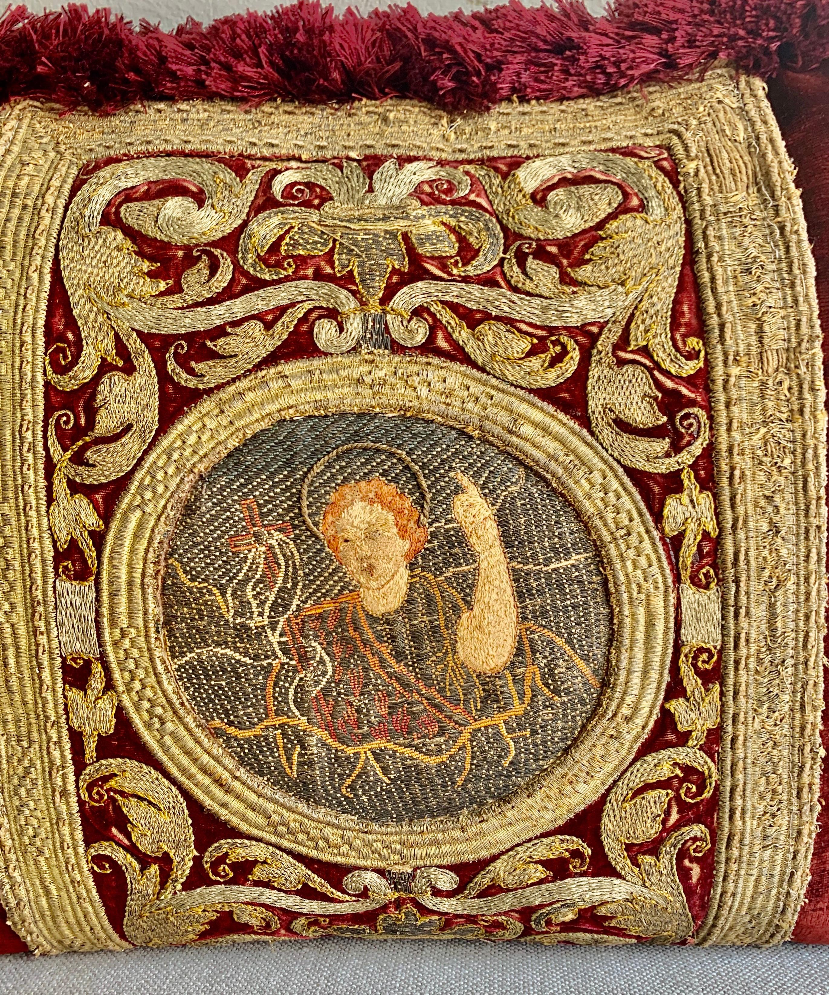 Italian Pair of 18th Century Metallic Embroidered Red Velvet Pillows