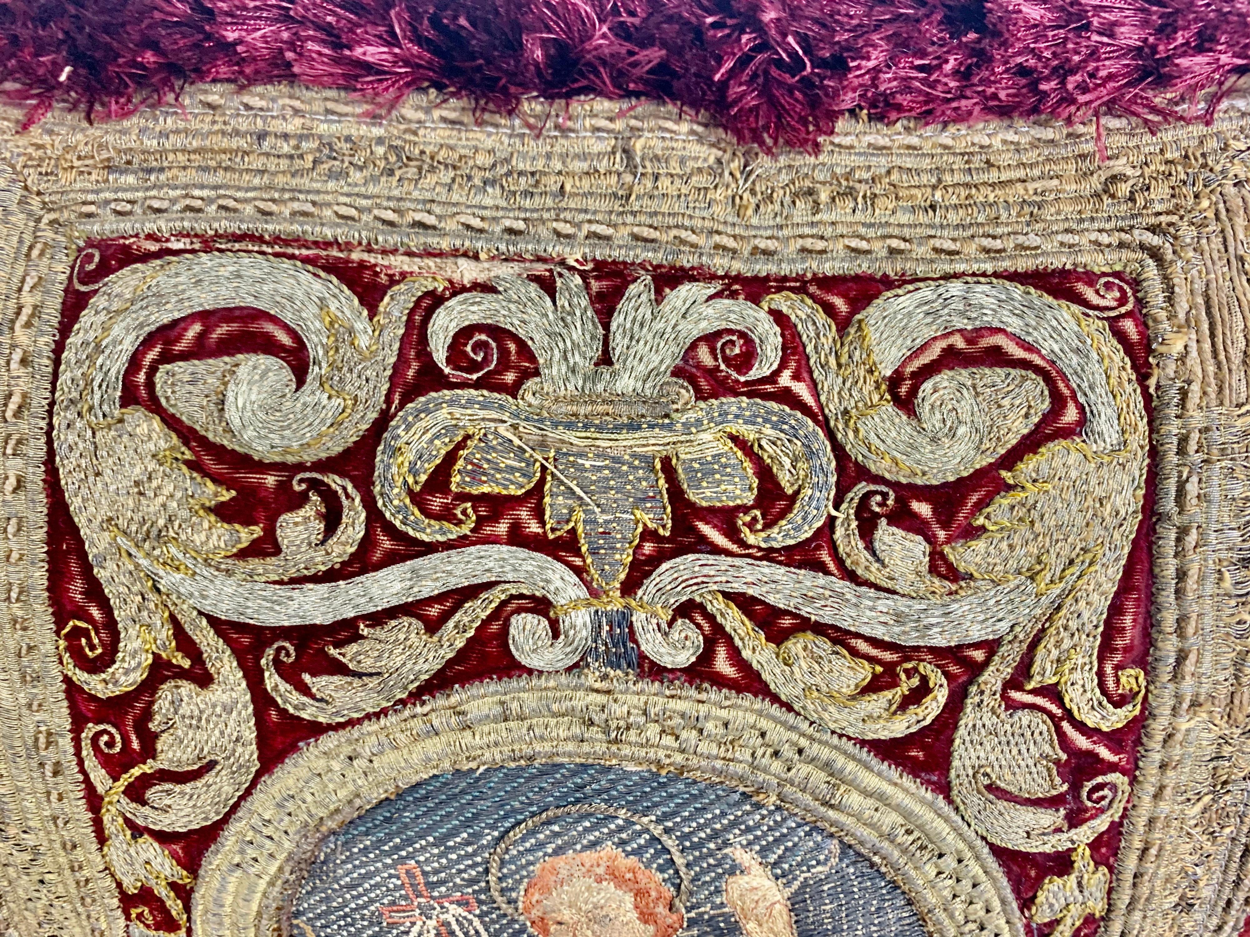 Contemporary Pair of 18th Century Metallic Embroidered Red Velvet Pillows