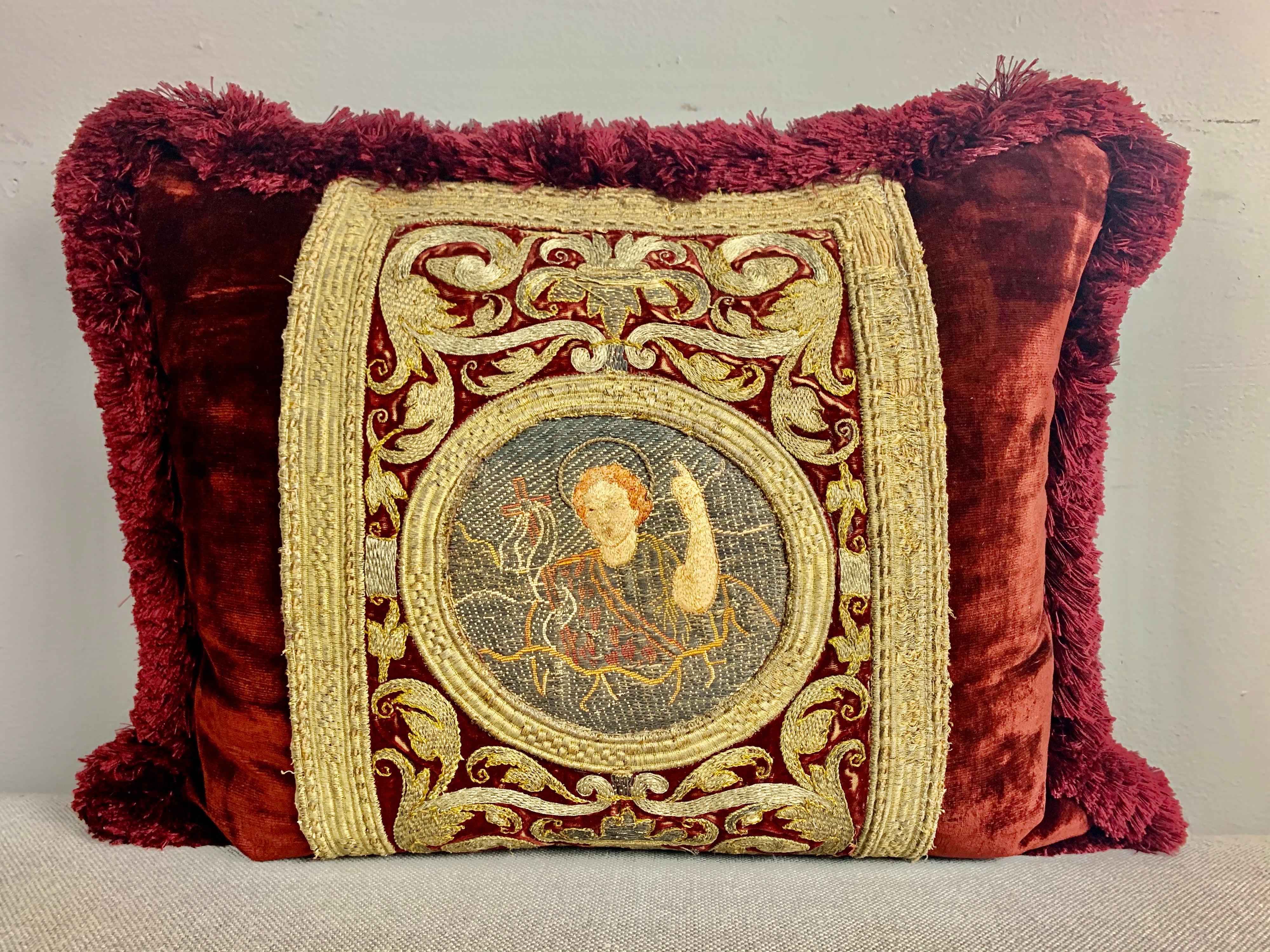 Pair of 18th Century Metallic Embroidered Red Velvet Pillows 1