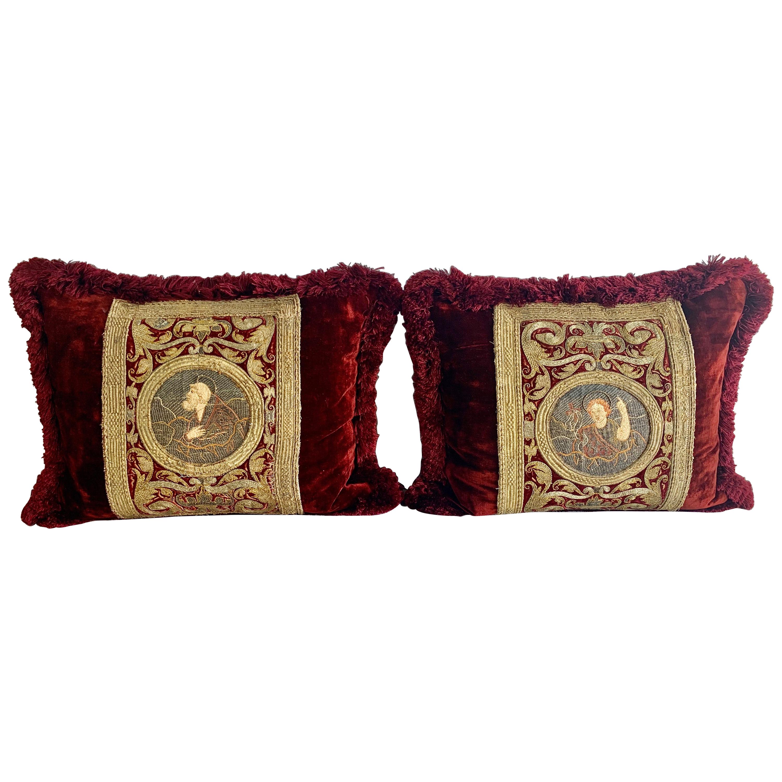 Pair of 18th Century Metallic Embroidered Red Velvet Pillows