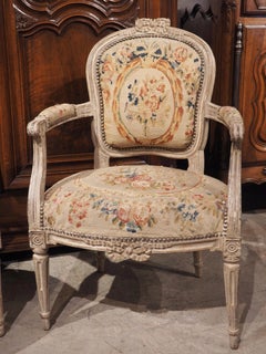 Pair of 18th C. Painted Louis XVI Fauteuils Cabriolet with Tapestry Upholstery