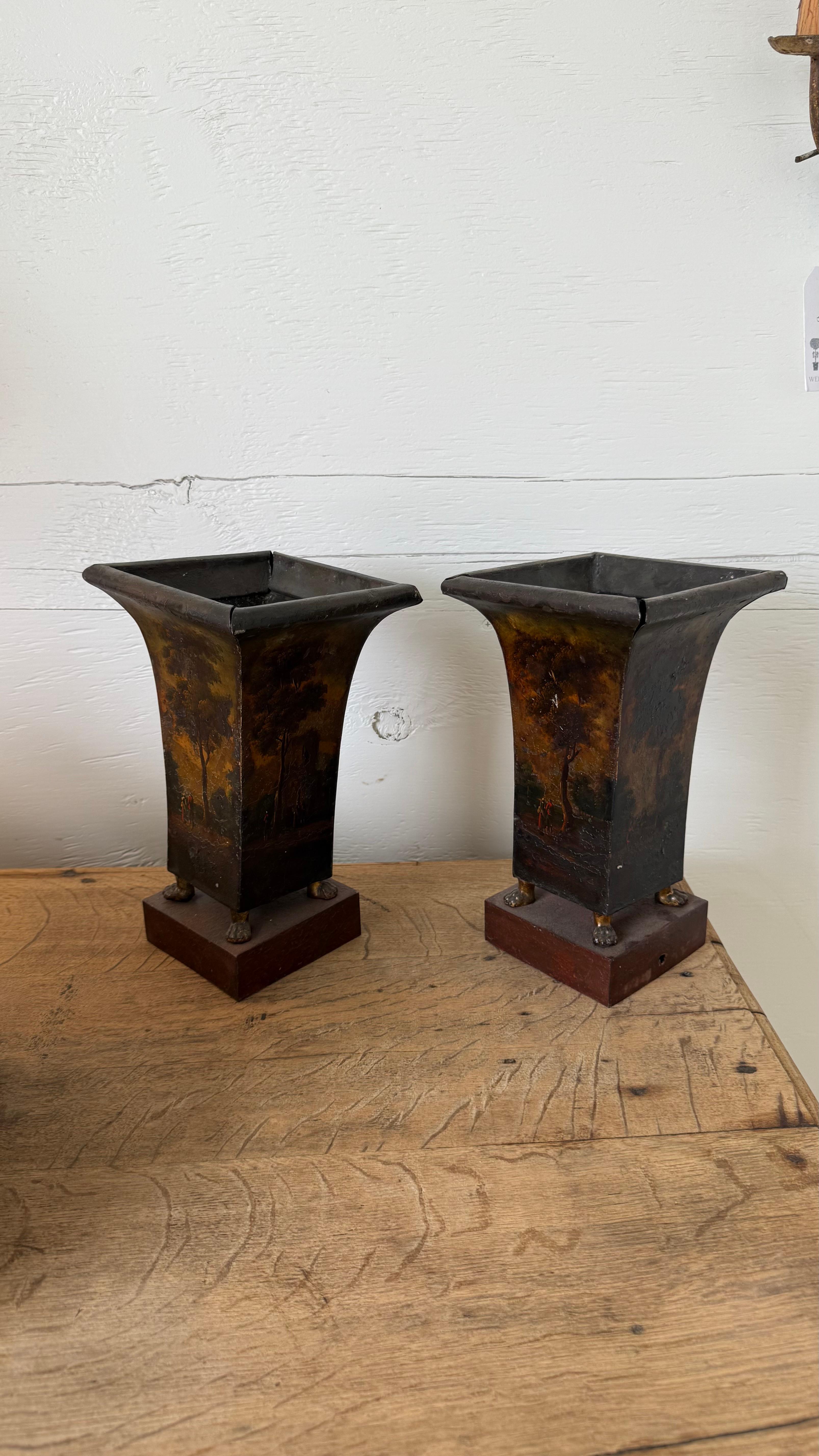 French Pair of 18th c. Painted Tole Urns For Sale