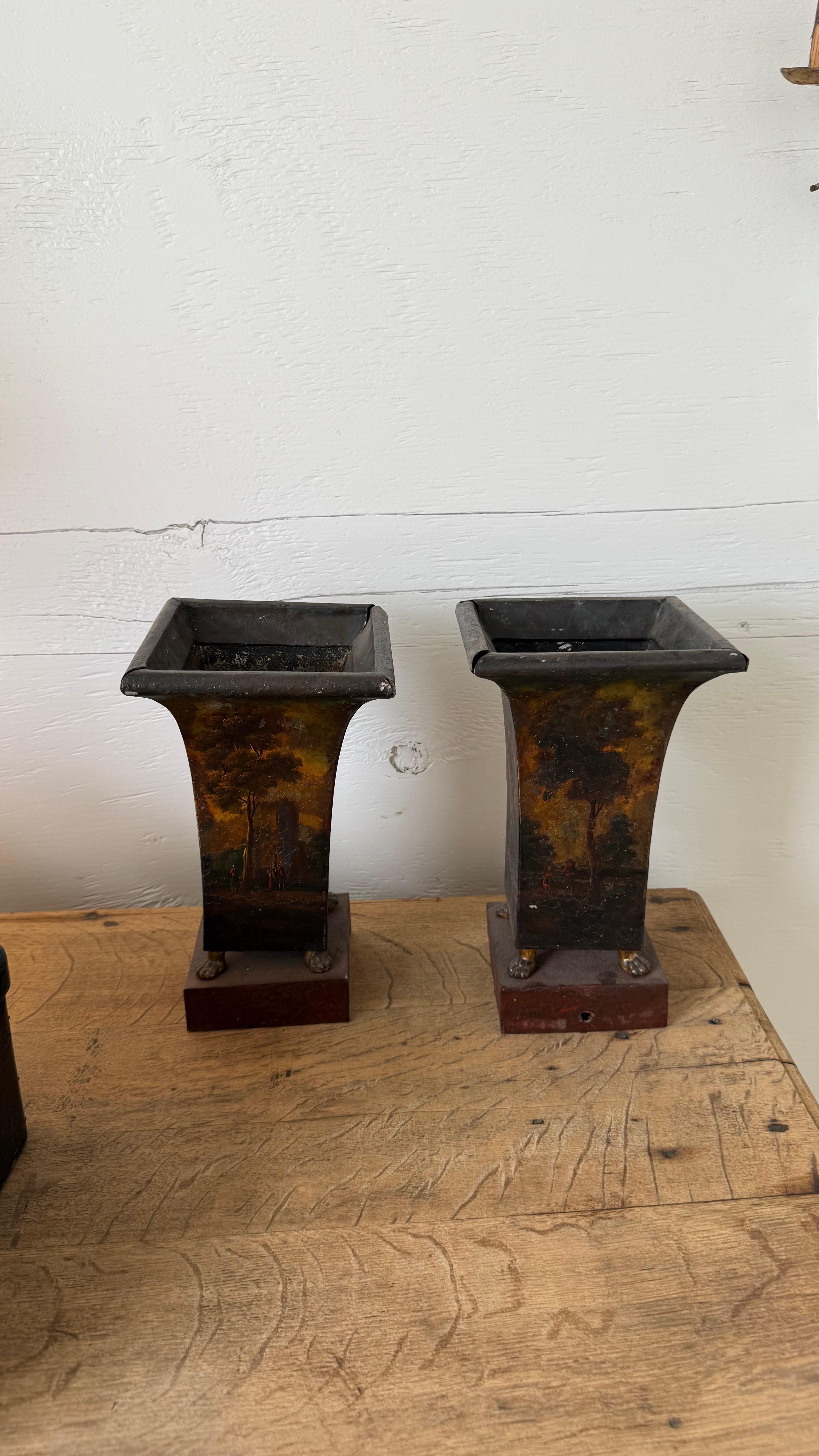 Pair of 18th c. Painted Tole Urns In Good Condition For Sale In Atlanta, GA
