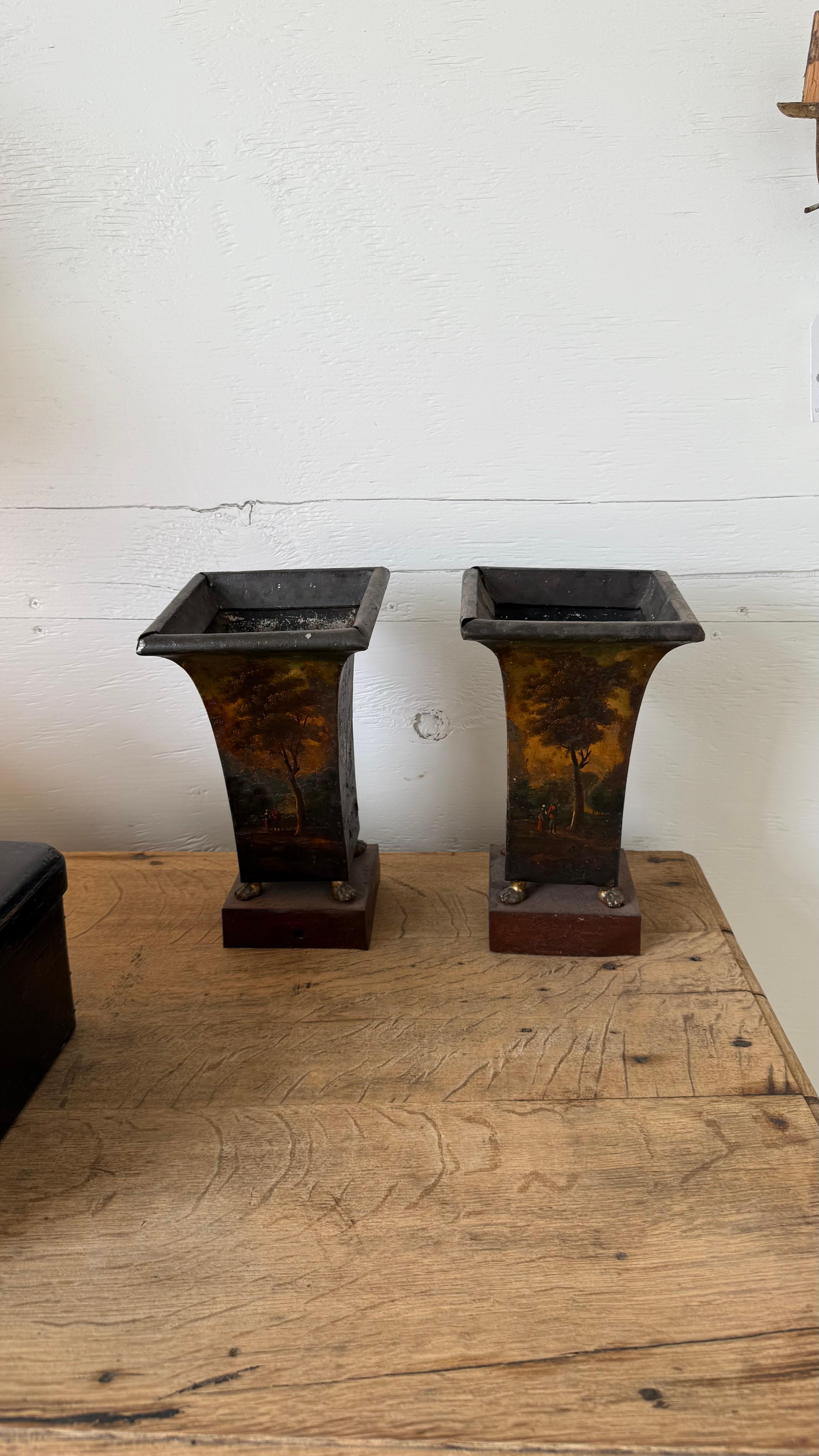 18th Century Pair of 18th c. Painted Tole Urns For Sale