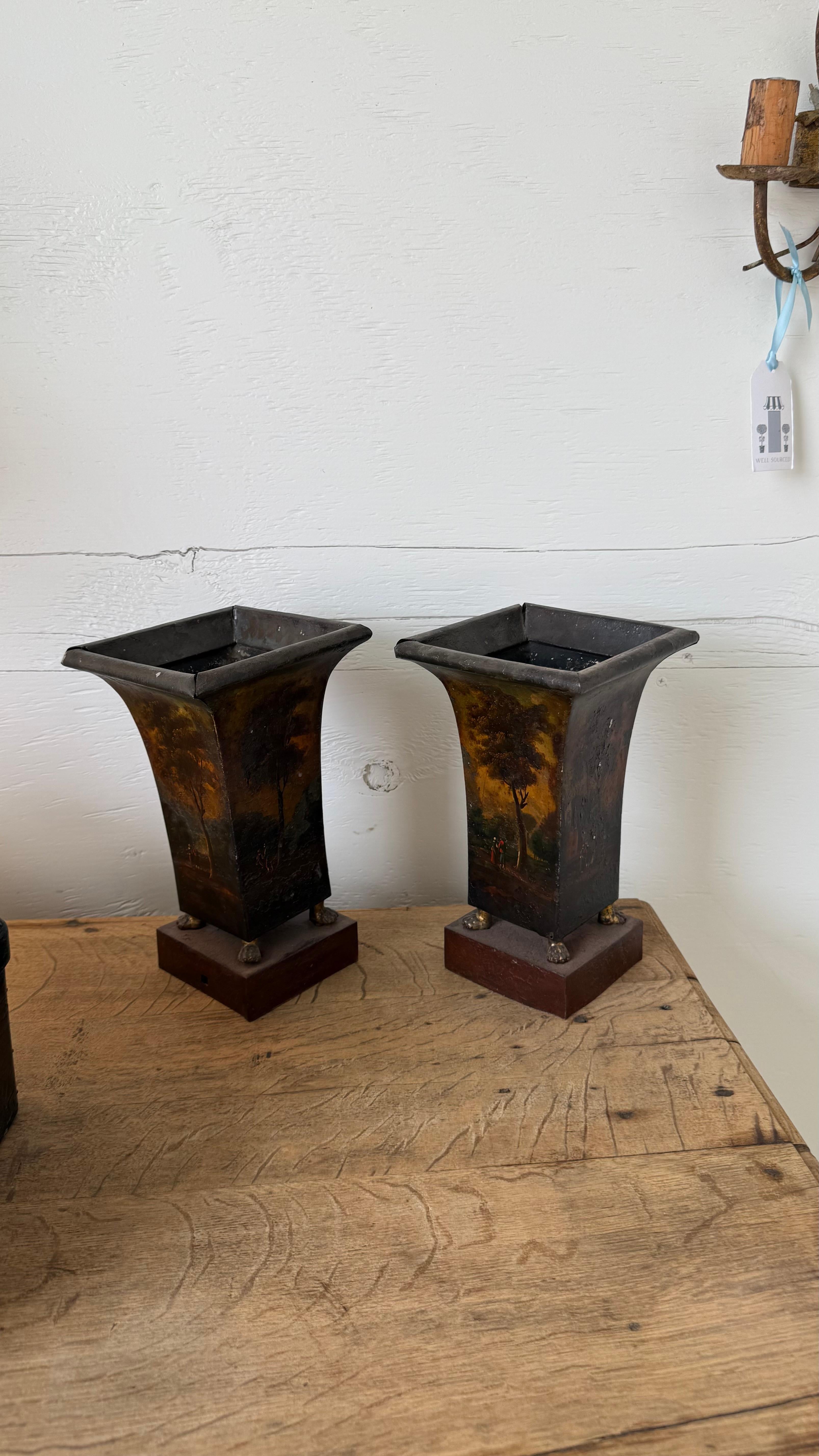 Tin Pair of 18th c. Painted Tole Urns For Sale