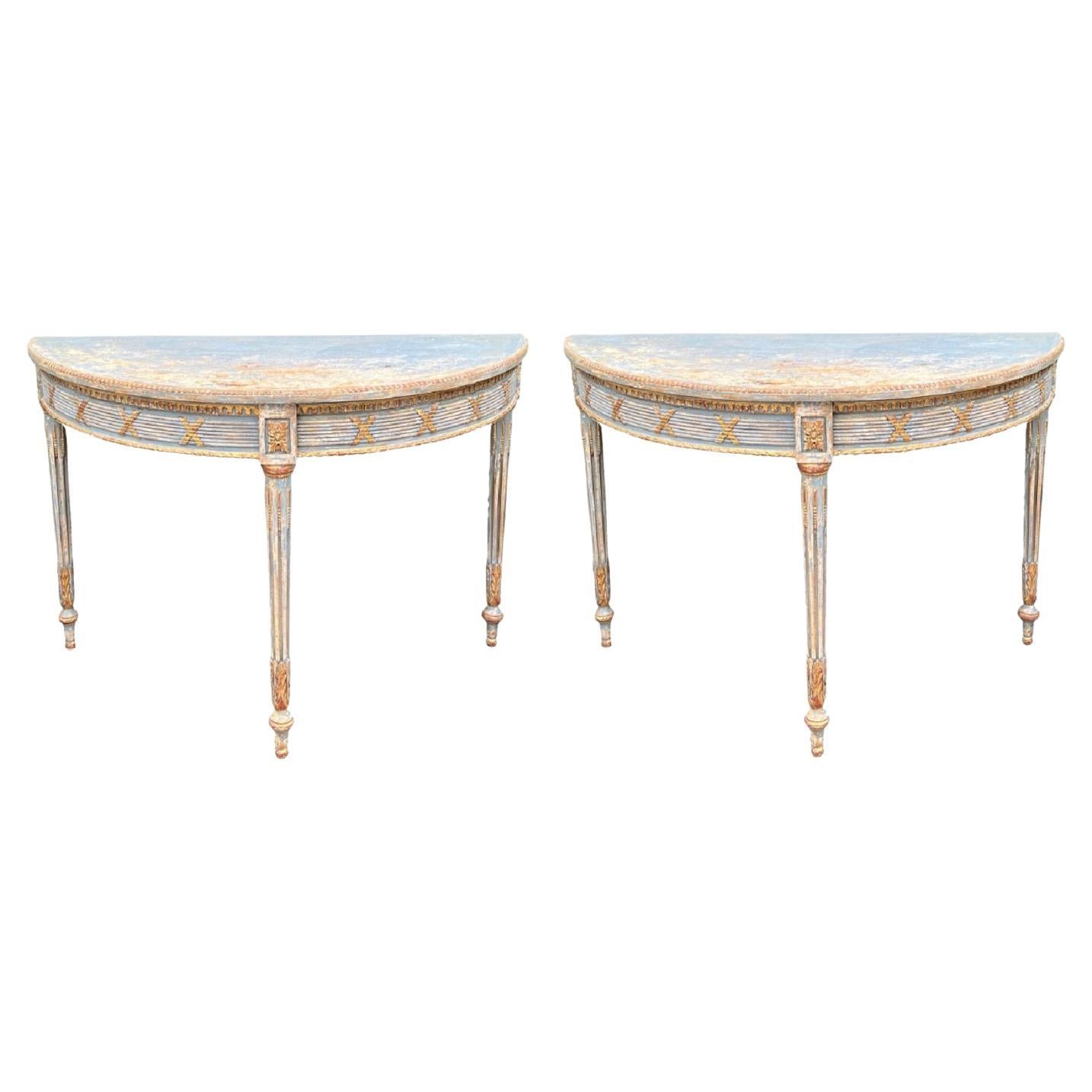 Pair of 18th C Style Dennis & Leen French Directoire Demilune Console Tables