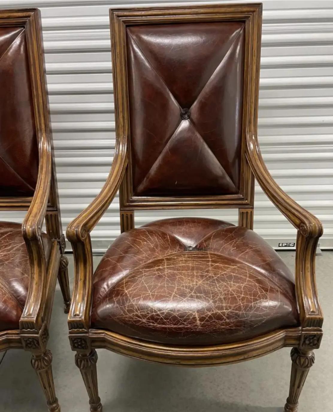 Pair of 18th C Style Hendrix Allardyce Tufted Leather Giltwood Arm Chairs.