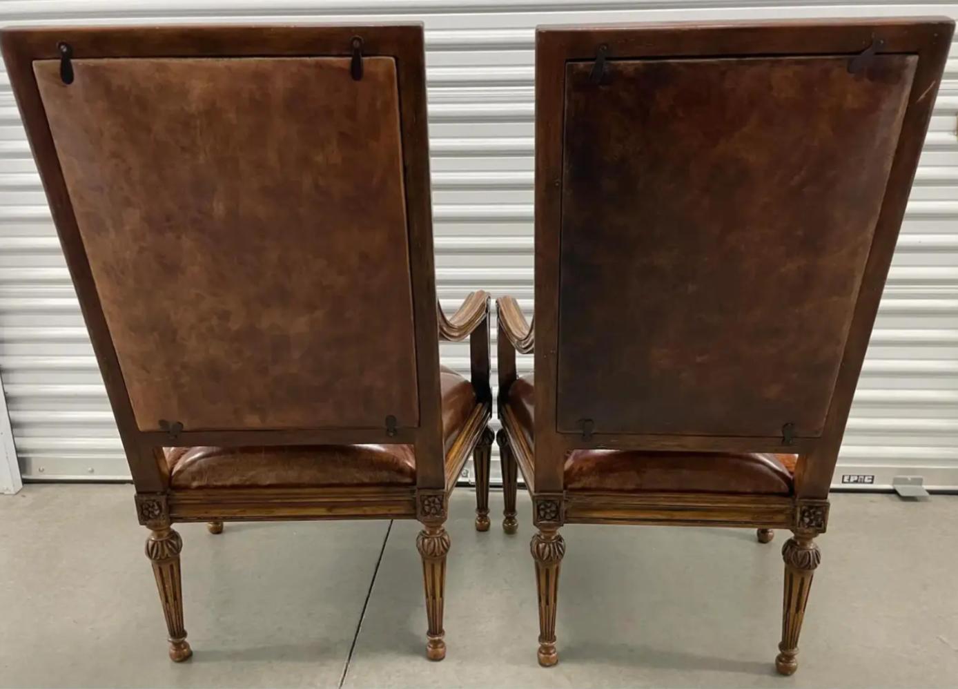 American Pair of 18th C Style Hendrix Allardyce Tufted Leather Giltwood Arm Chairs  For Sale