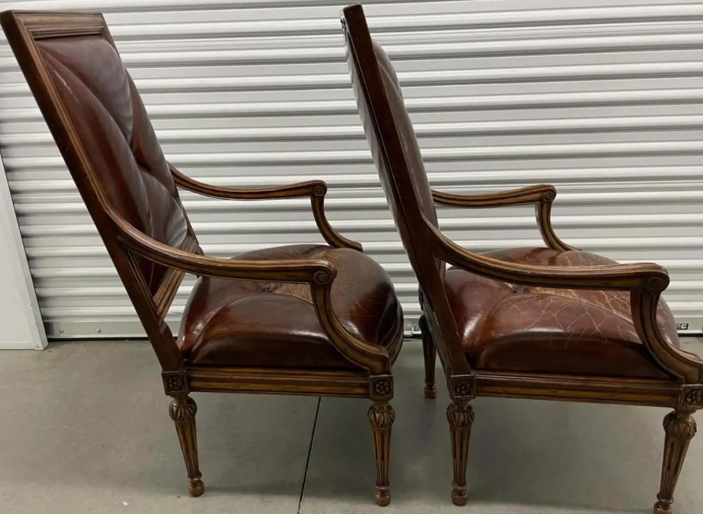 Pair of 18th C Style Hendrix Allardyce Tufted Leather Giltwood Arm Chairs  In Good Condition For Sale In LOS ANGELES, CA