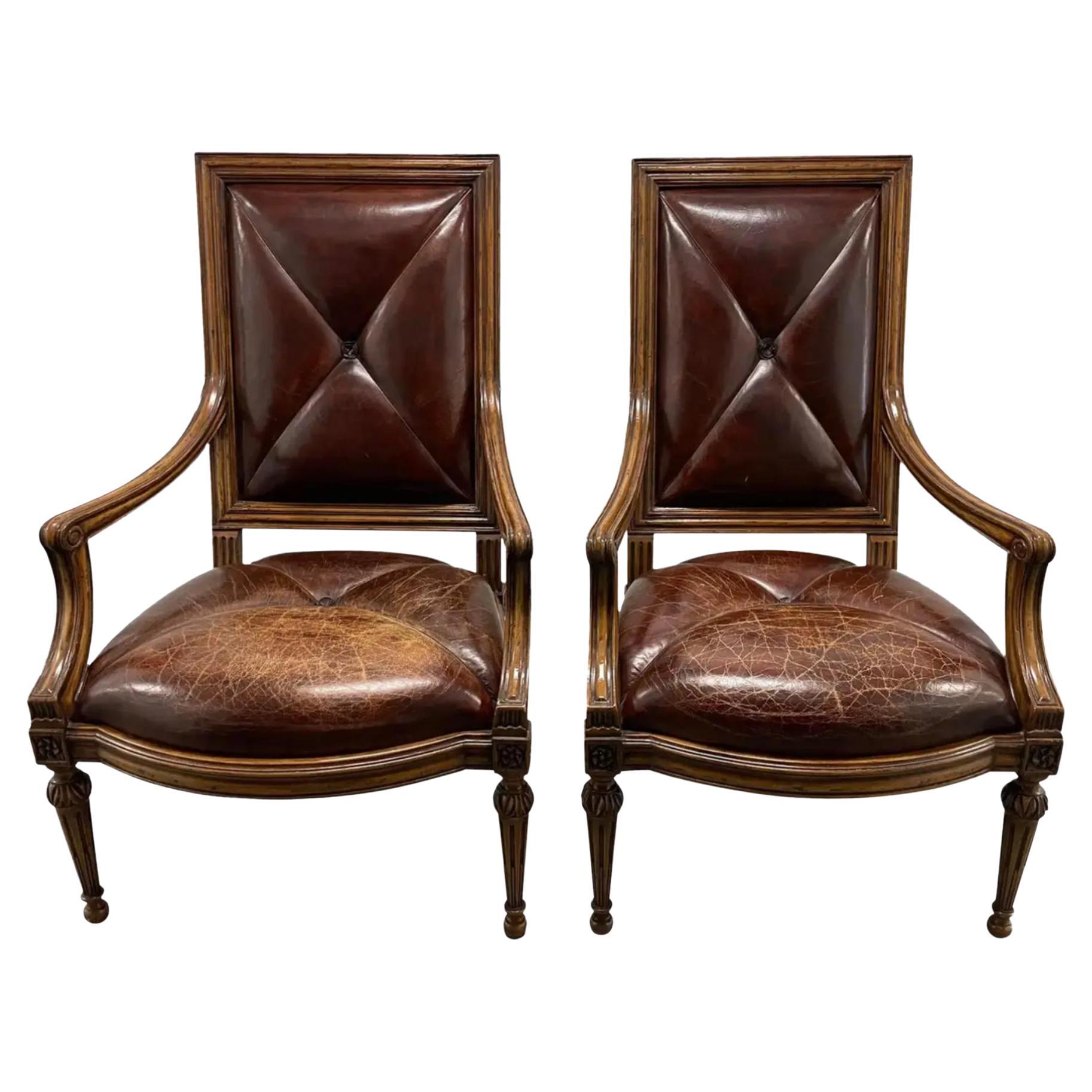 Pair of 18th C Style Hendrix Allardyce Tufted Leather Giltwood Arm Chairs  For Sale
