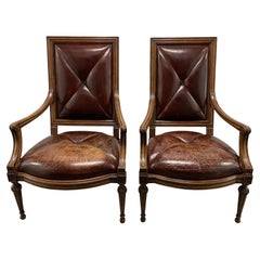 Pair of 18th C Style Hendrix Allardyce Tufted Leather Giltwood Arm Chairs 