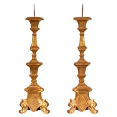 Pair of 18th C Style Italian Giltwood Picket Candlesticks