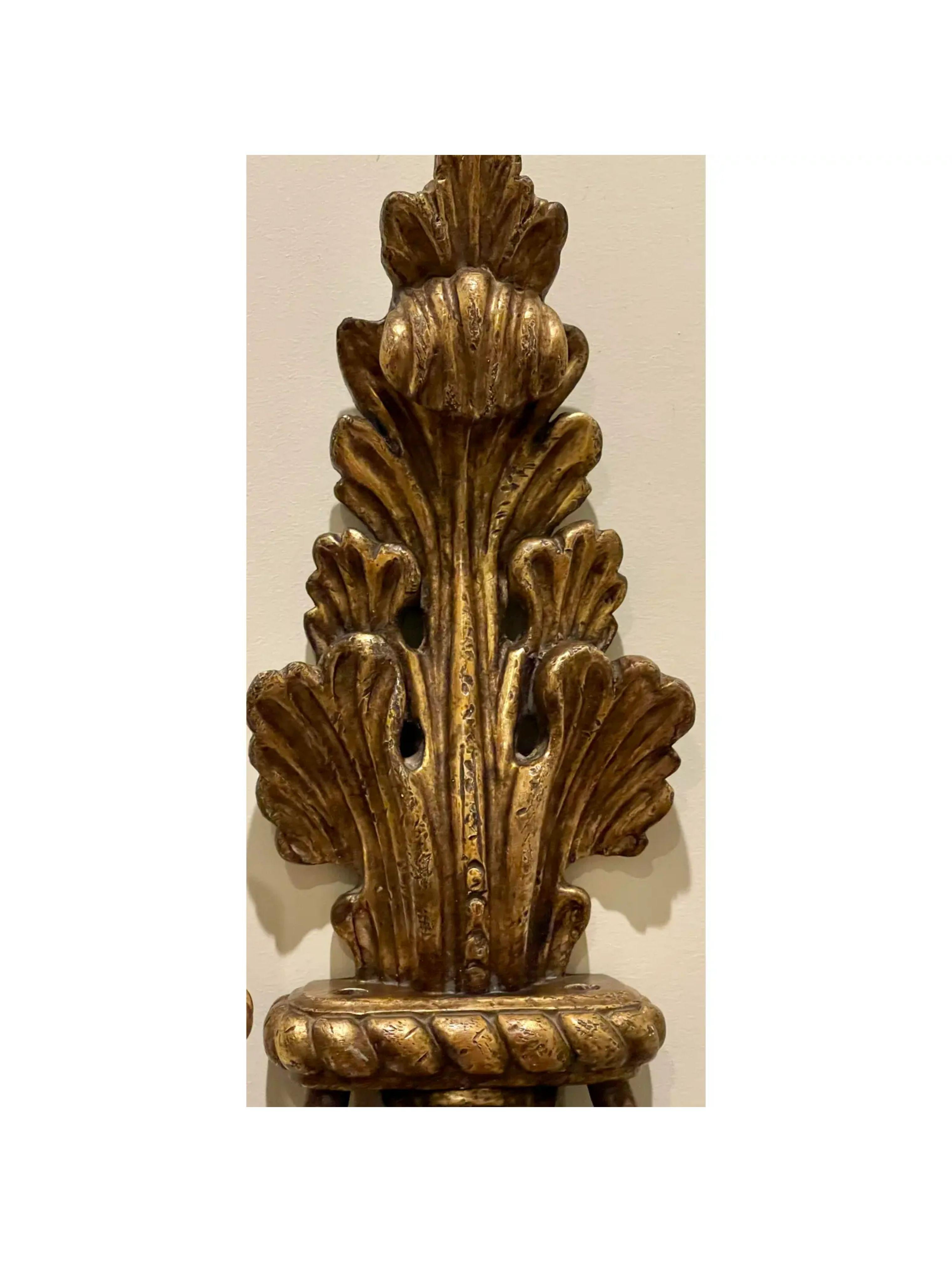 Spanish Colonial Pair of 18th C Style Michael Taylor Giltwood Acanthus Leaf Lite Sconce For Sale