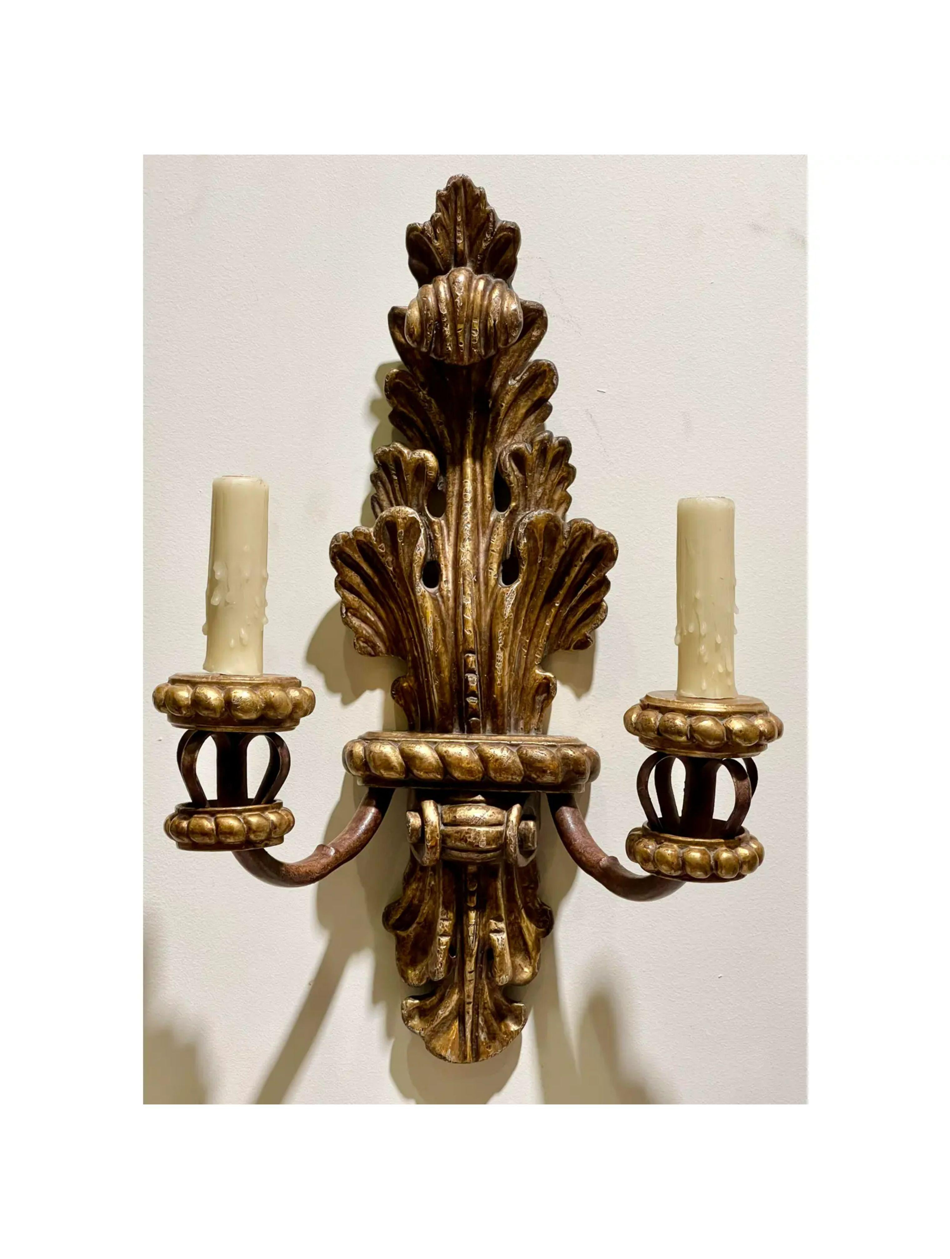Contemporary Pair of 18th C Style Michael Taylor Giltwood Acanthus Leaf Lite Sconce For Sale