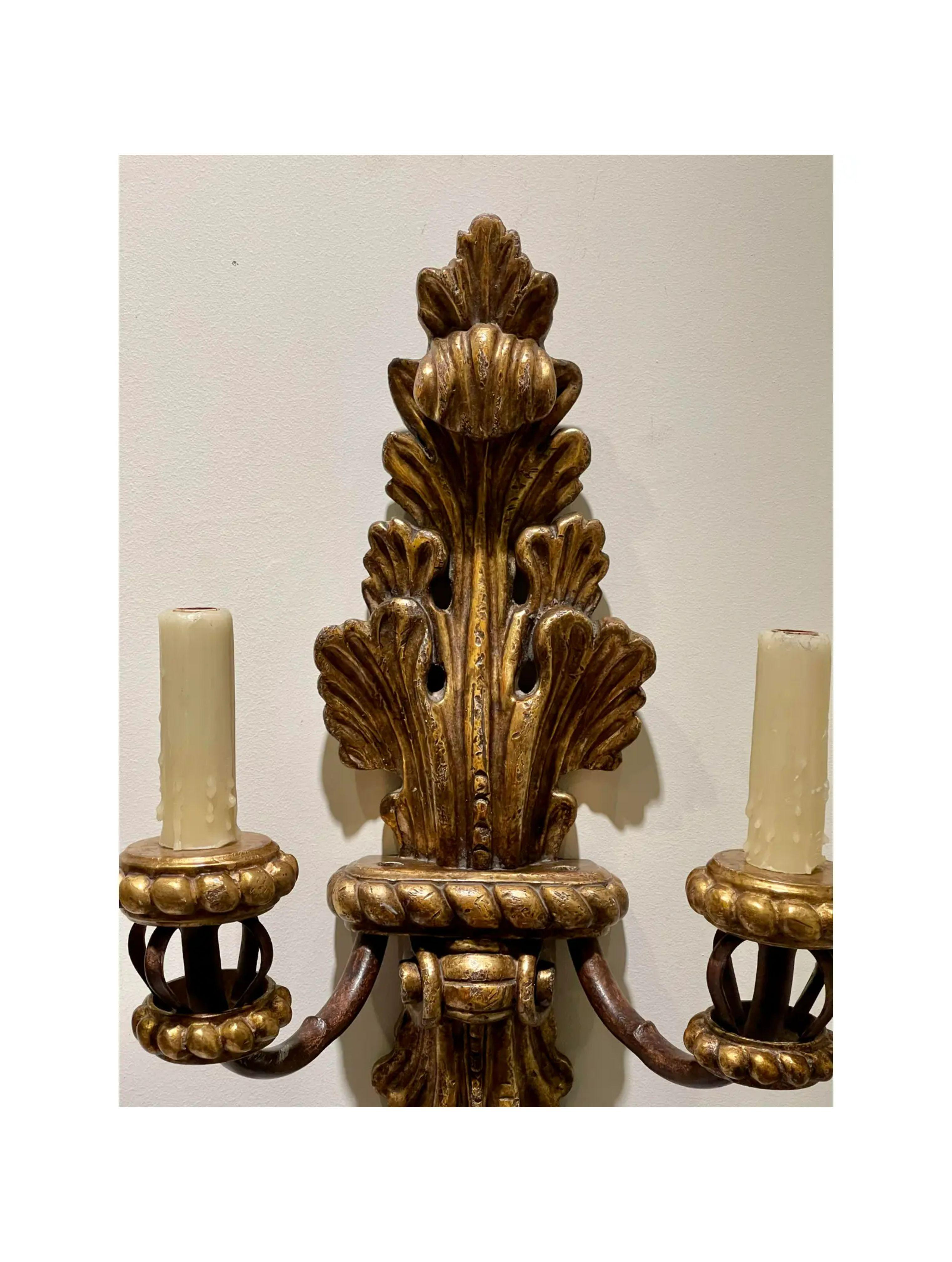 Metal Pair of 18th C Style Michael Taylor Giltwood Acanthus Leaf Lite Sconce For Sale