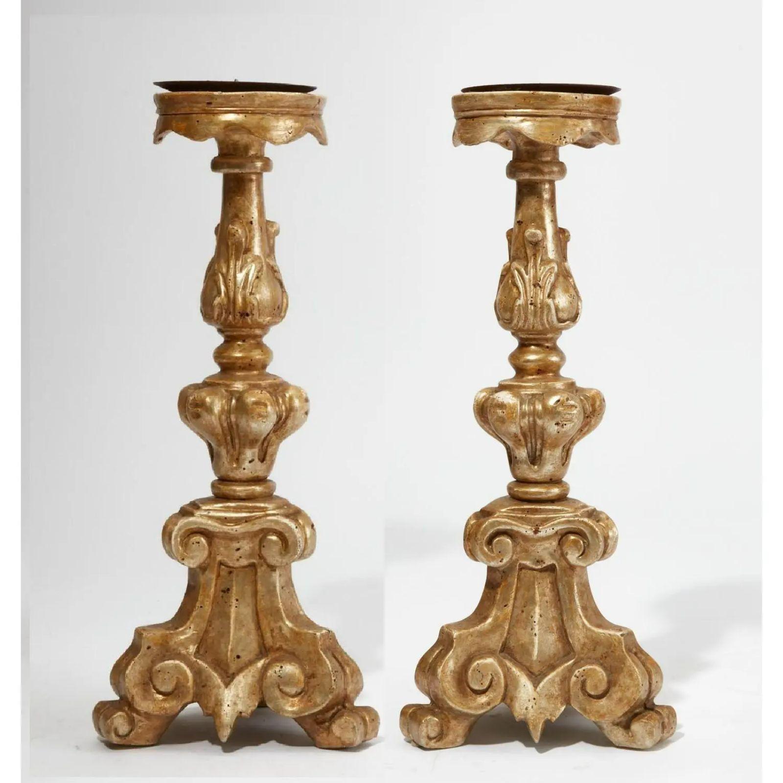 Renaissance Pair of 18th Century Style Thomas Morgan Italian Giltwood Pricket Candlesticks For Sale