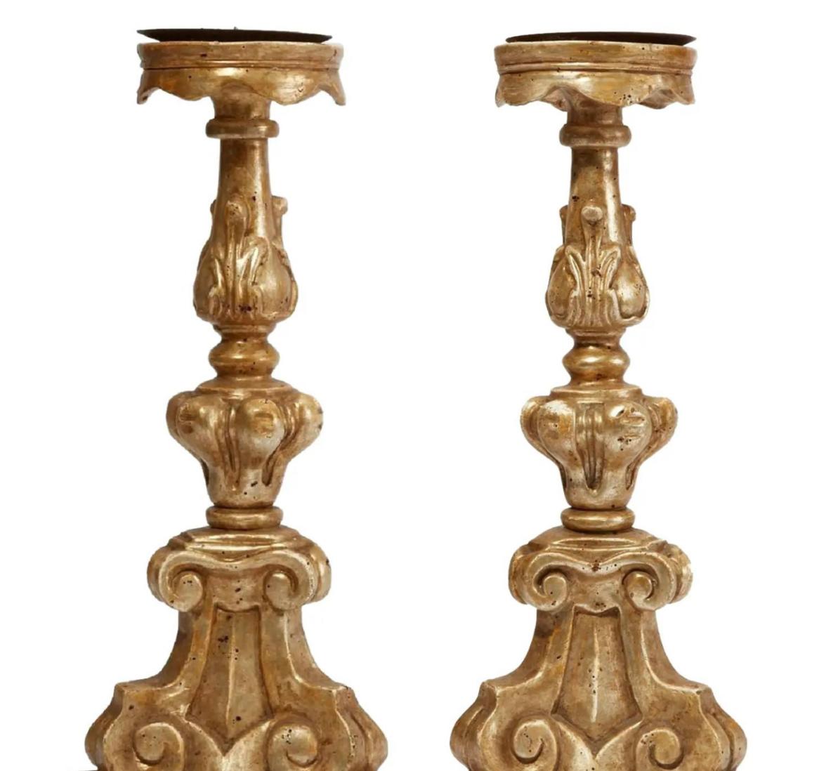 Hand-Carved Pair of 18th Century Style Thomas Morgan Italian Giltwood Pricket Candlesticks For Sale